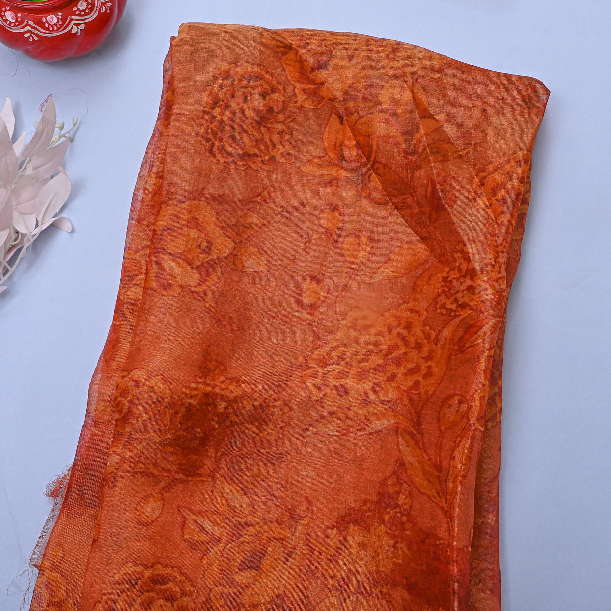 Orange Floral Print Organza Tissue