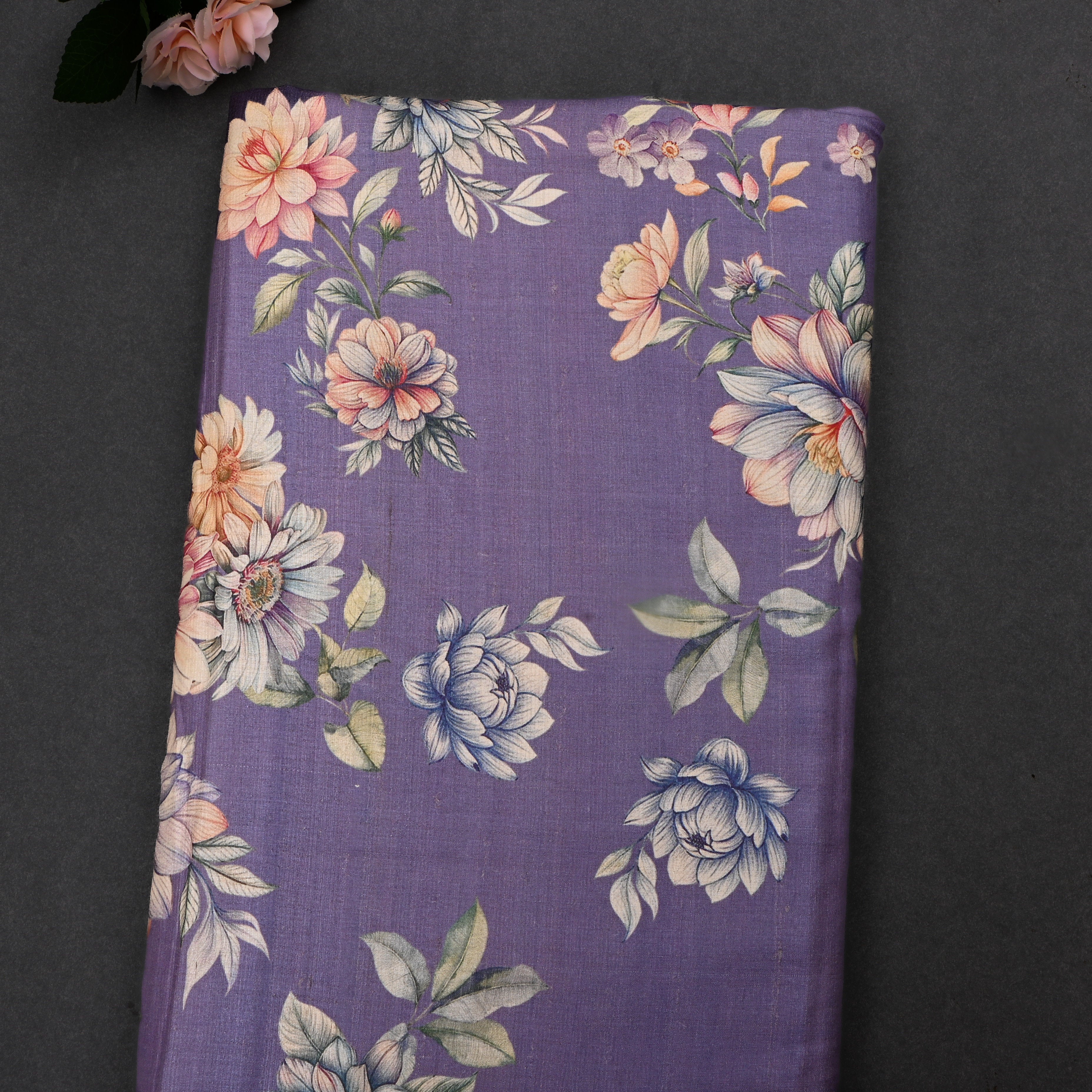 Dolphin Purple Tussar Fabric With Floral Prints