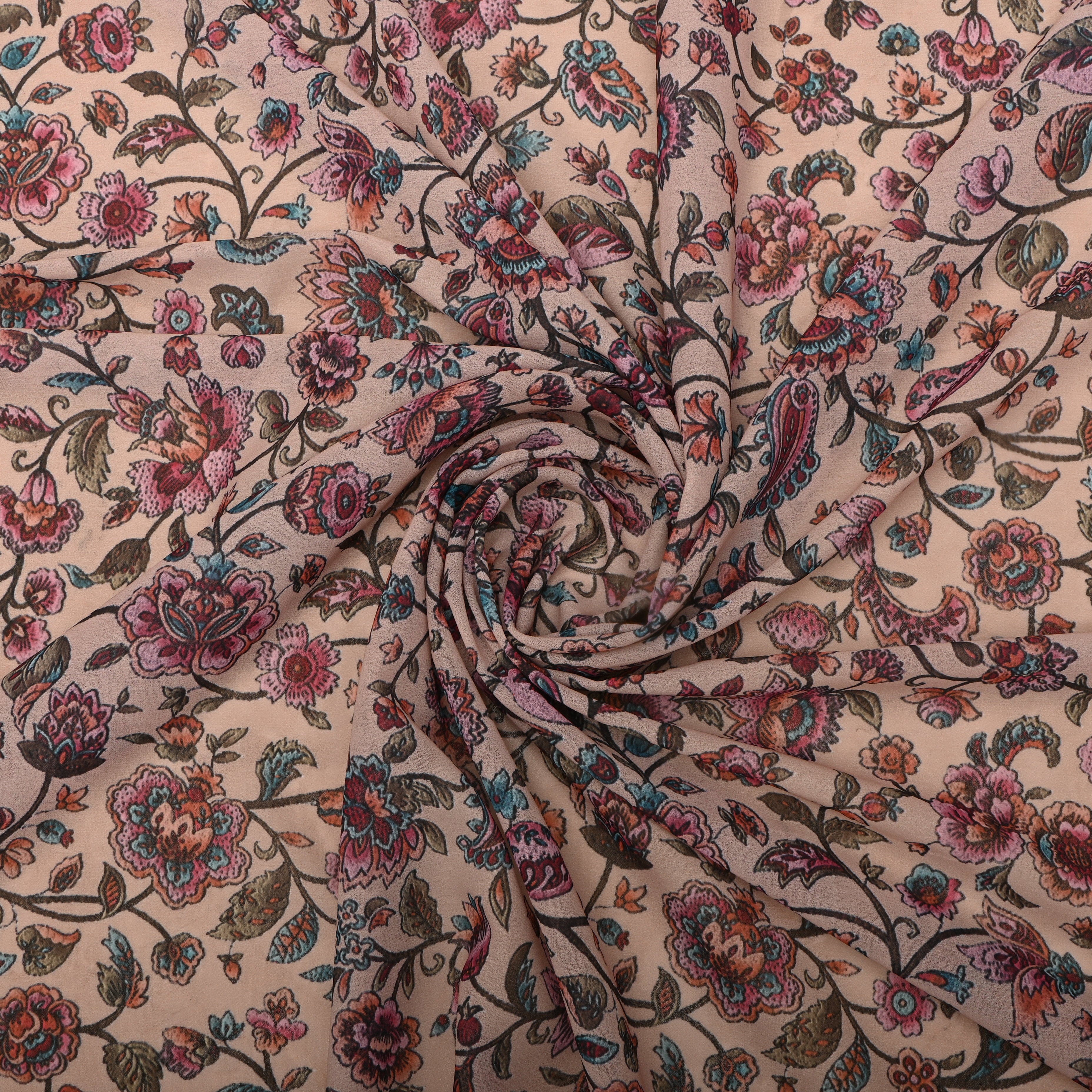 Calm Shell Beige Silk Fabric With Floral Prints