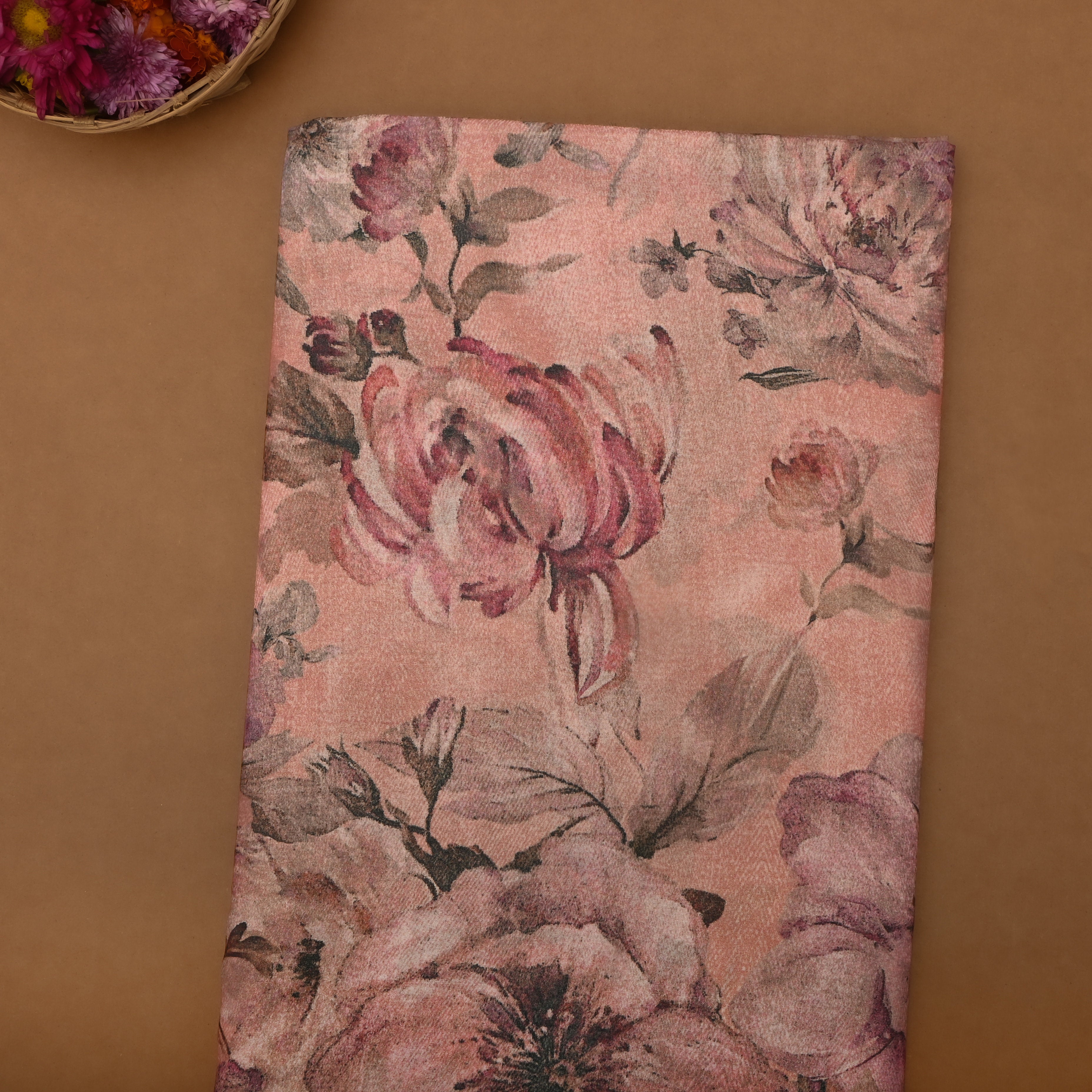Pastel Peach Silk Fabric With Floral Prints