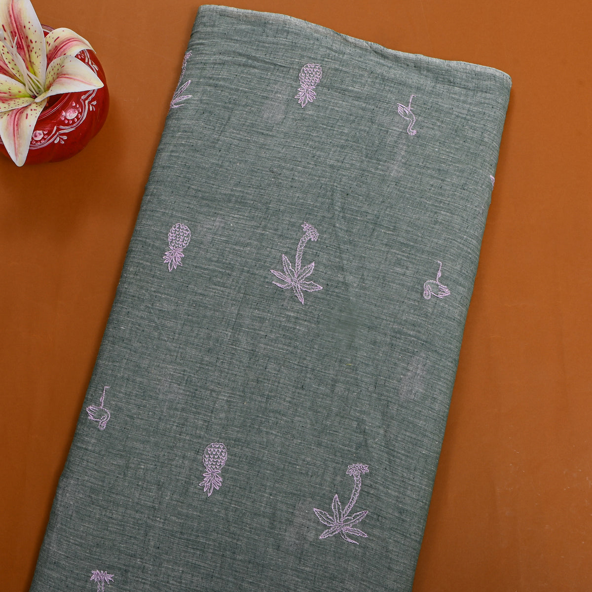 Charcoal Grey With Light Purple Tropical Embroidery