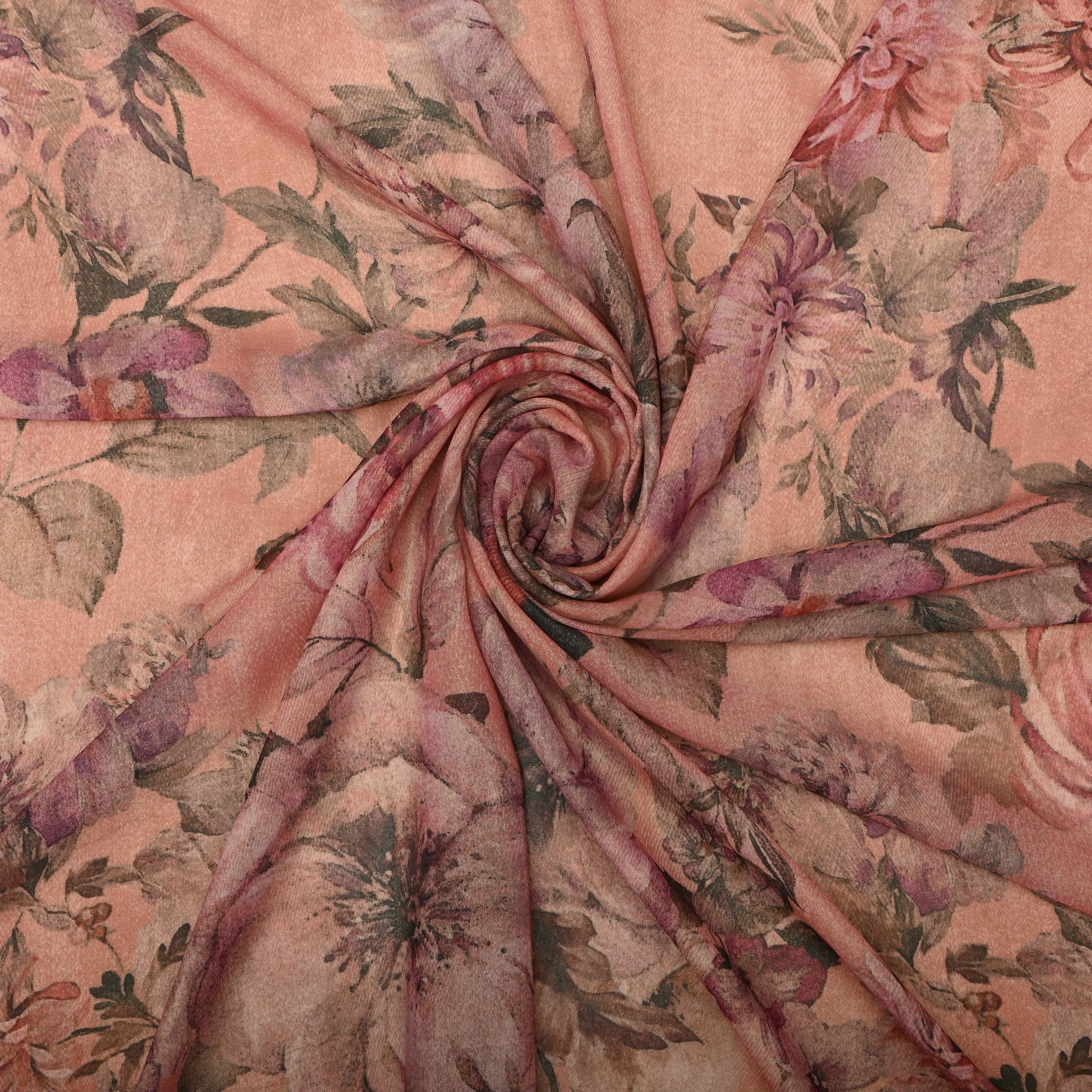 Pastel Peach Silk Fabric With Floral Prints