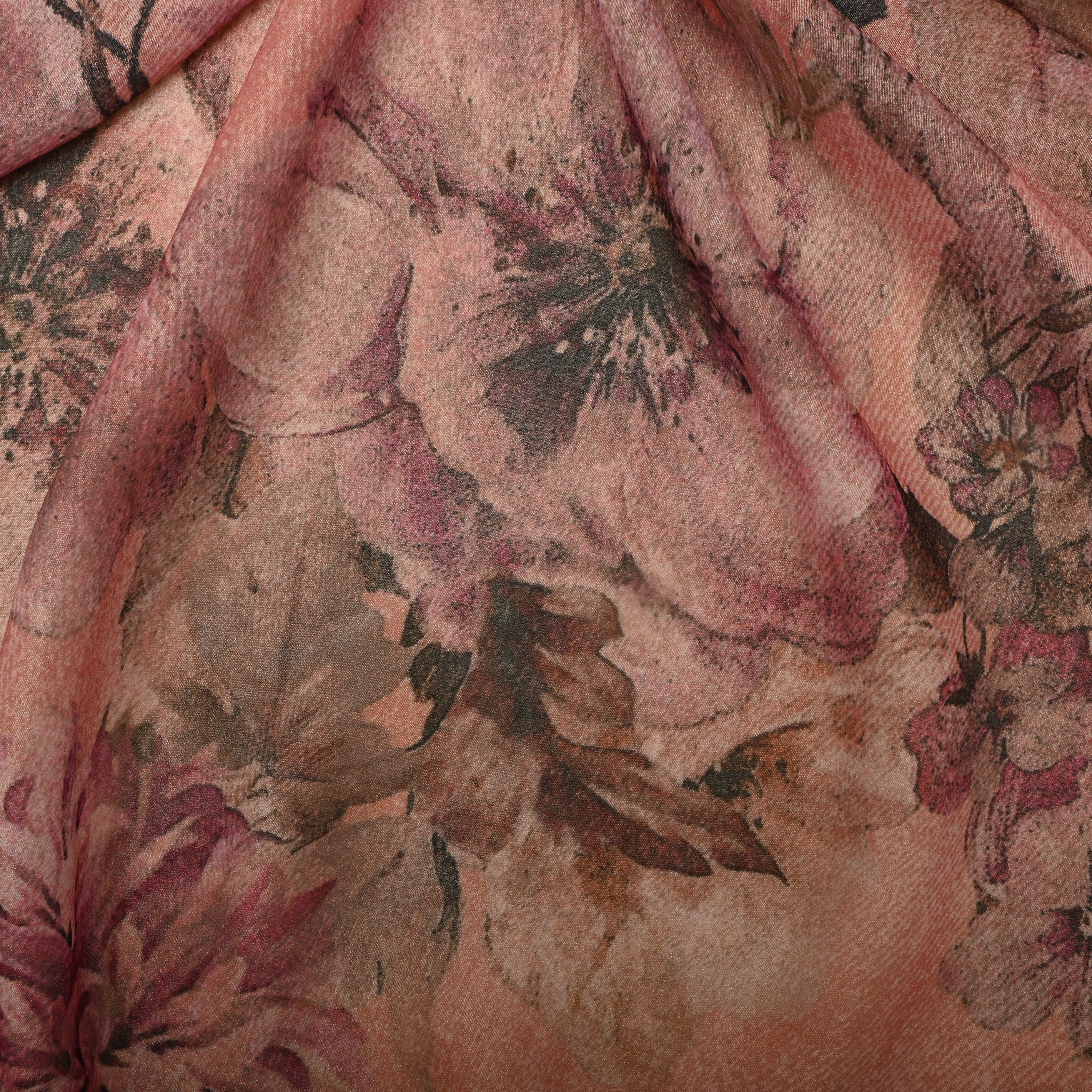 Pastel Peach Silk Fabric With Floral Prints