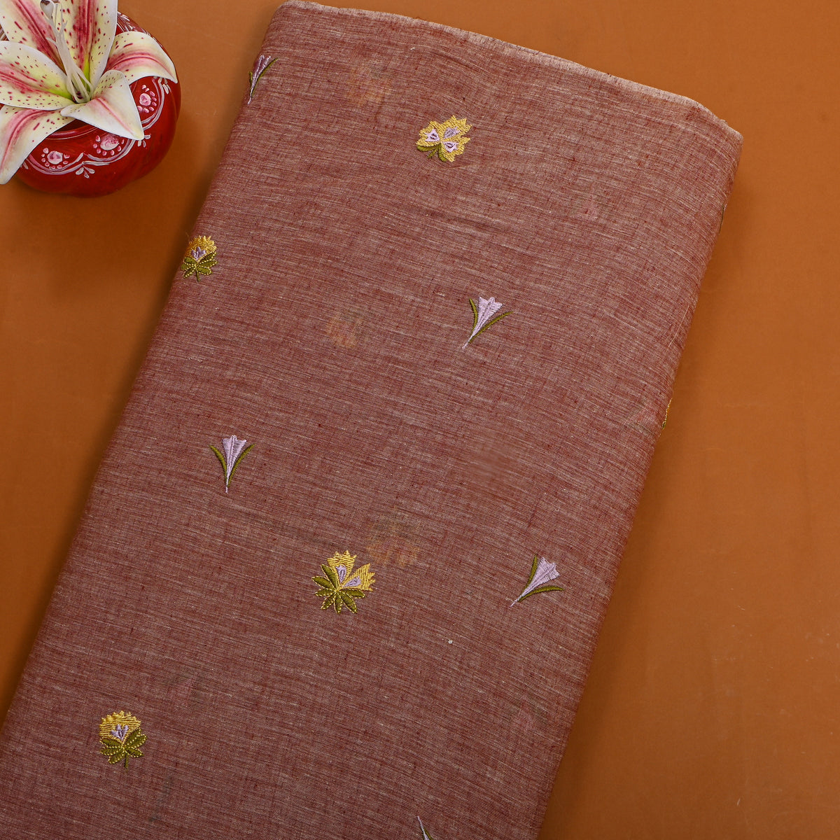 Earthy Brown With Lavender Thread Work Butti Cotton Fabric