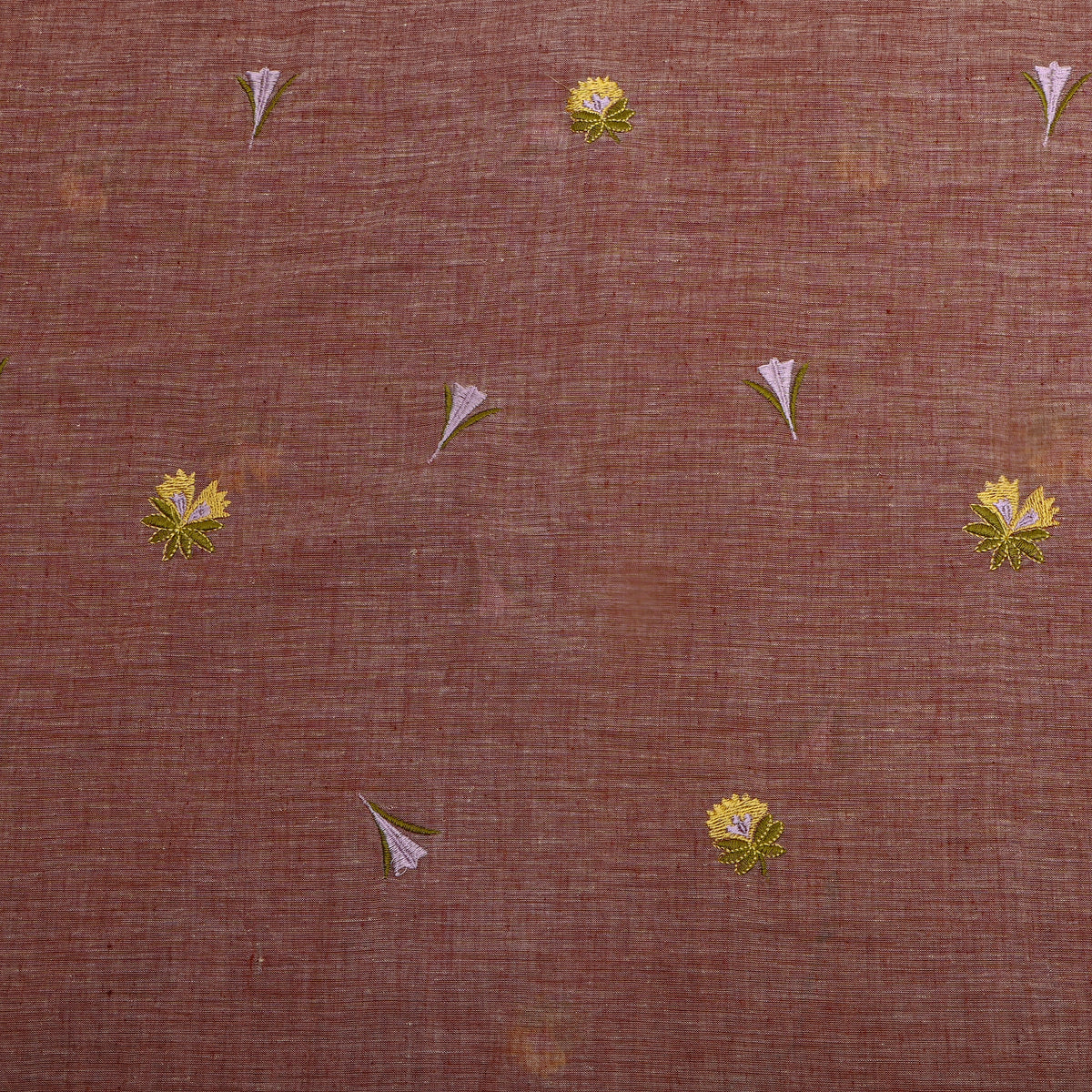 Earthy Brown With Lavender Thread Work Butti Cotton Fabric