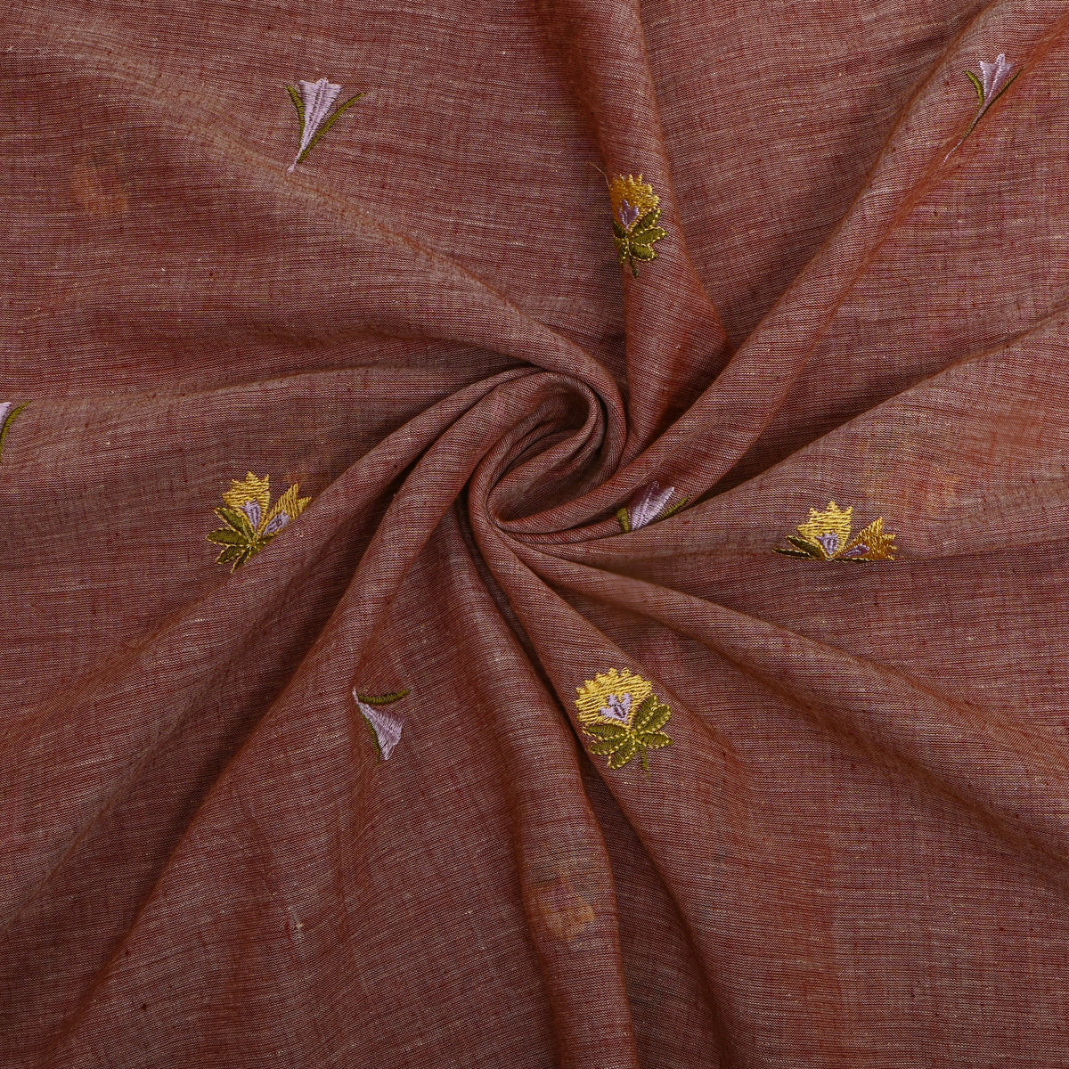 Earthy Brown With Lavender Thread Work Butti Cotton Fabric