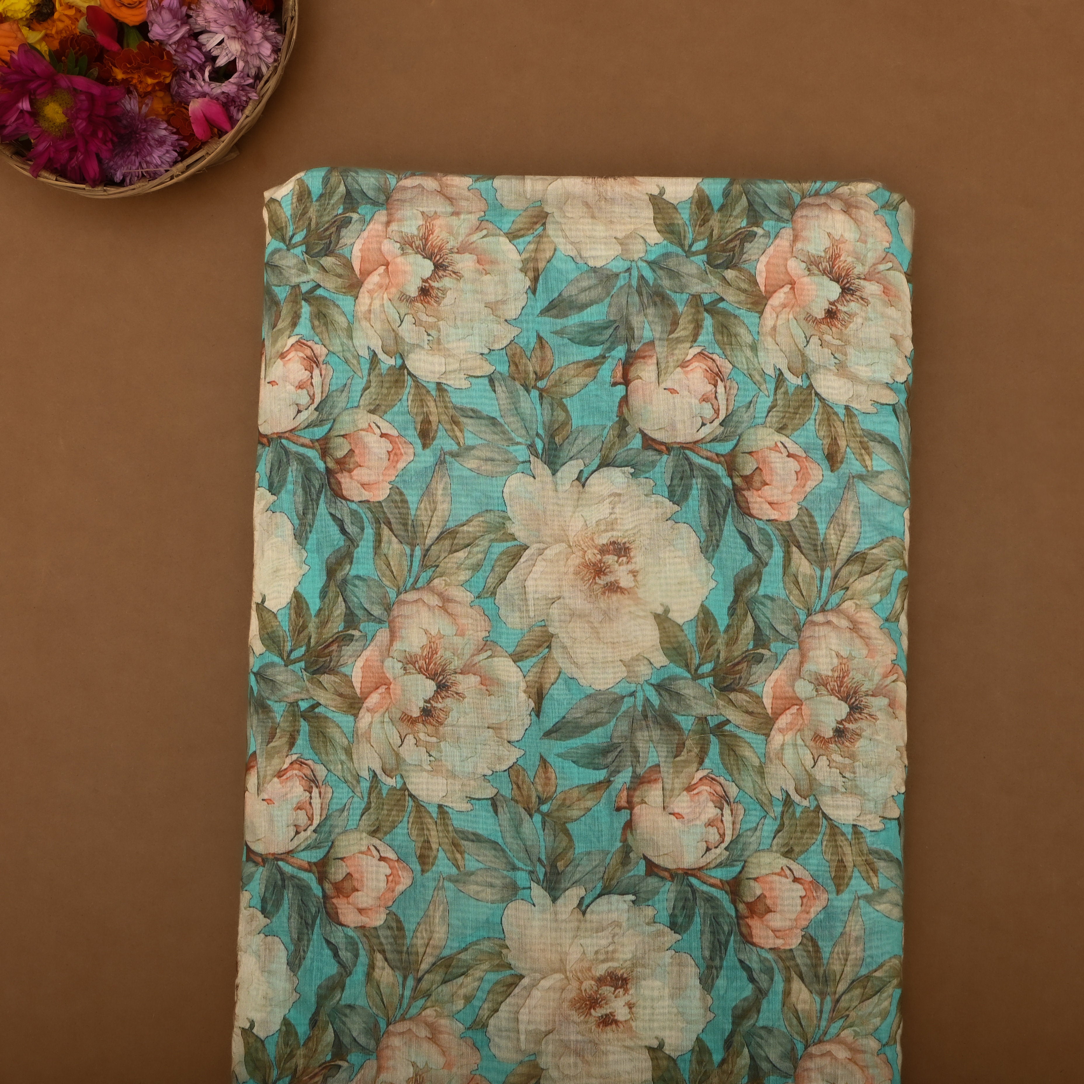 Electric Blue Chanderi Fabric With Floral Prints