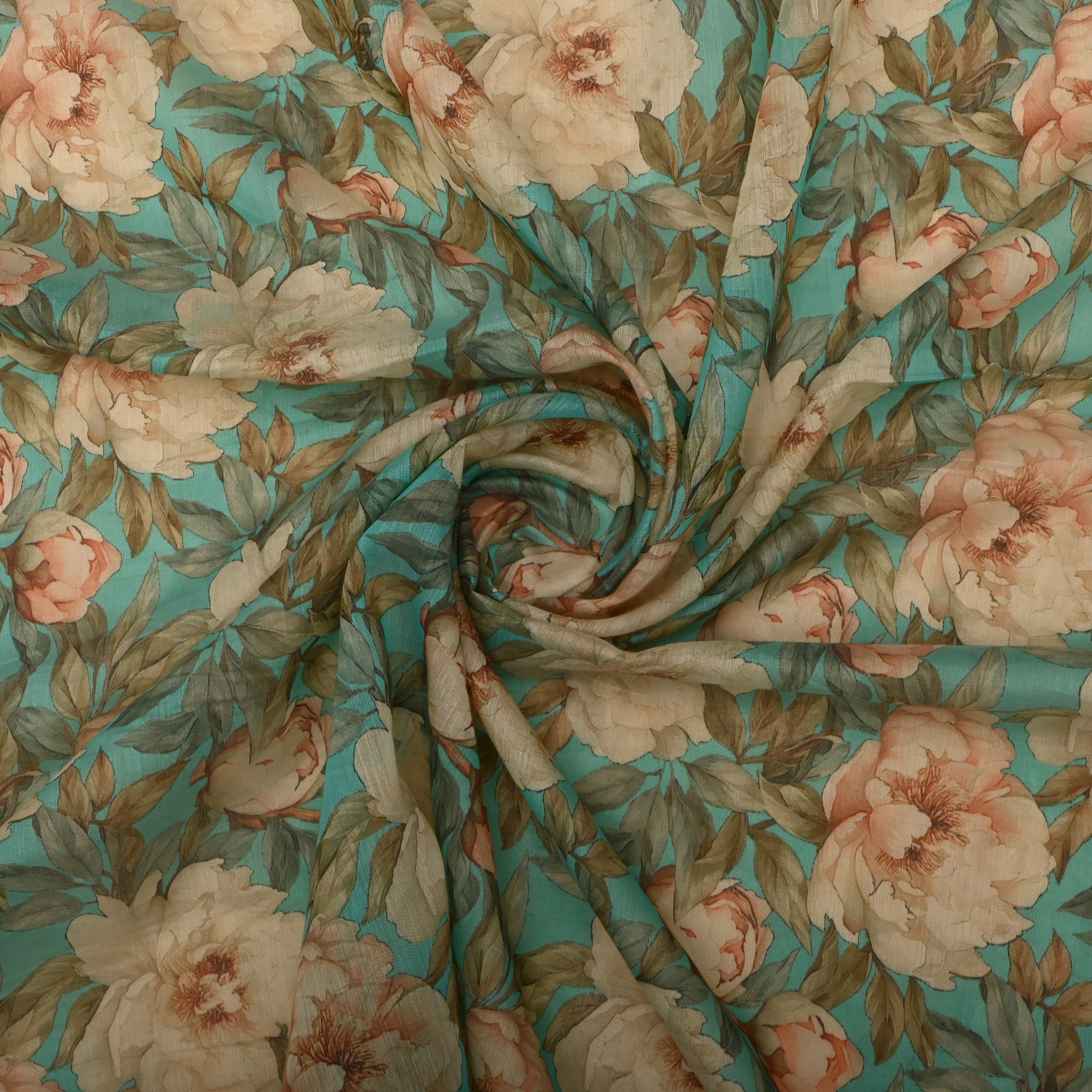 Electric Blue Chanderi Fabric With Floral Prints