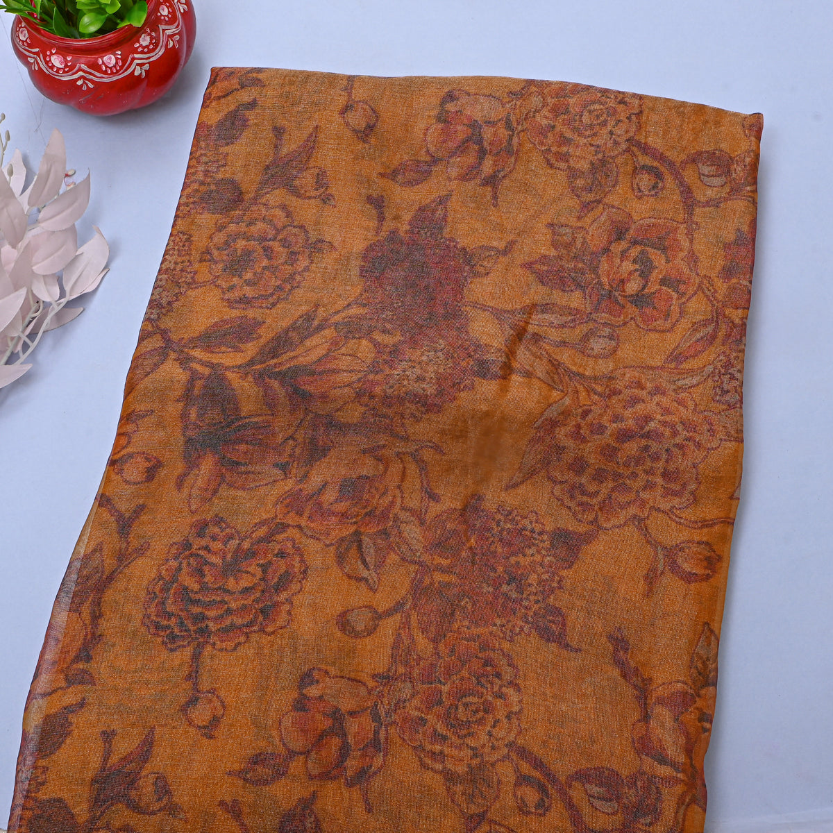 Copper Orange Floral Printed Organza Tissue Fabric