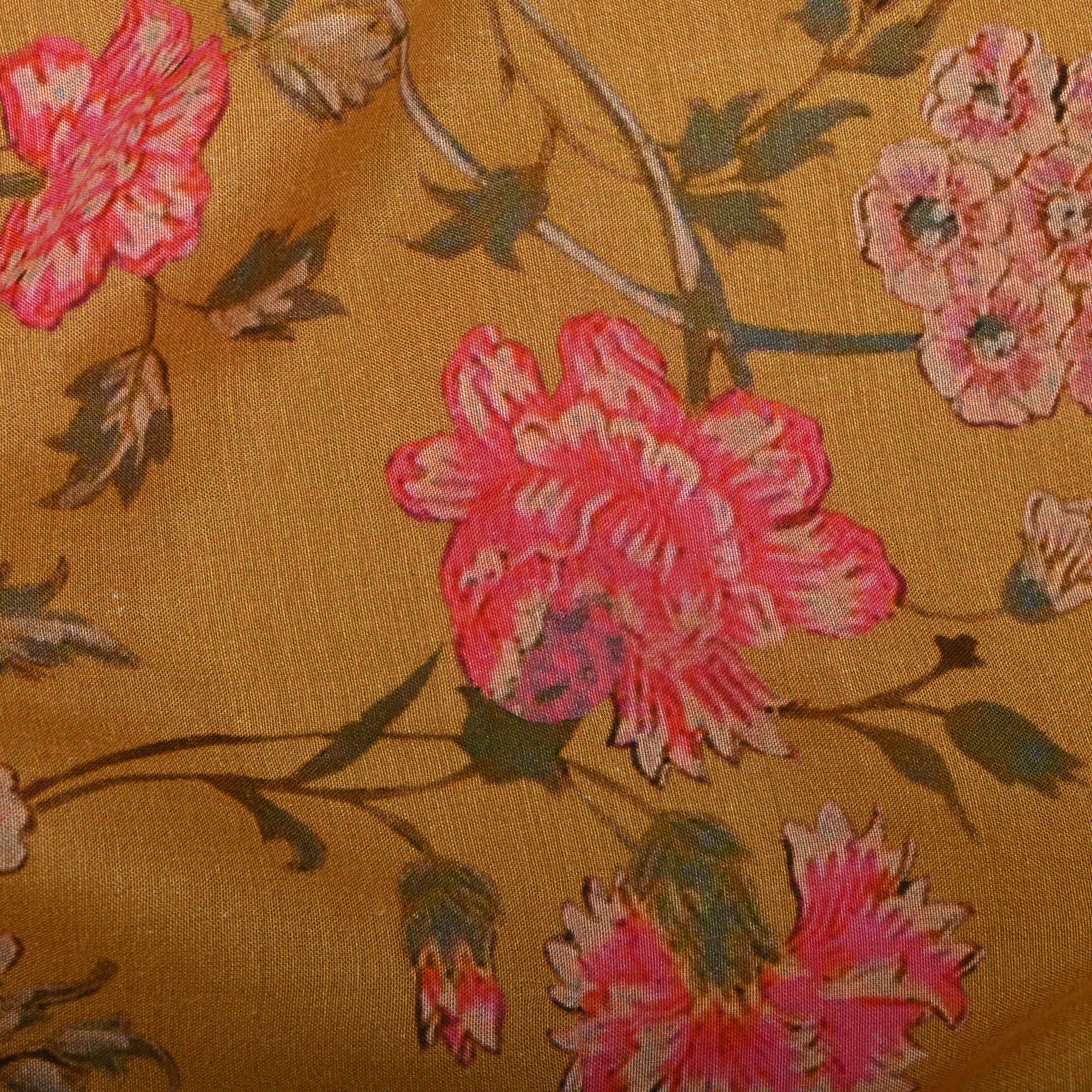 Amber Orange Silk Fabric With Floral Prints