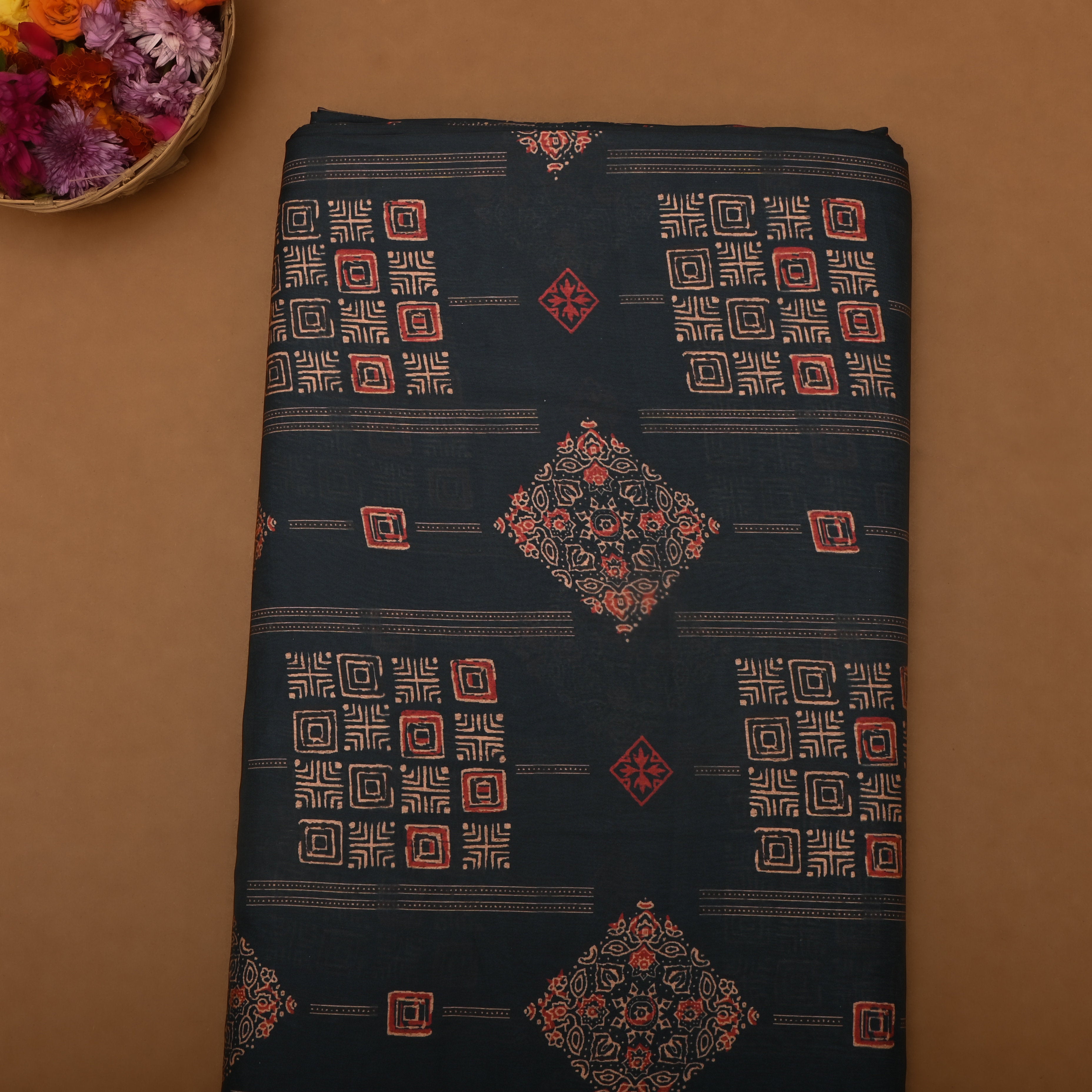 Black Silk Fabric With Geometric Design