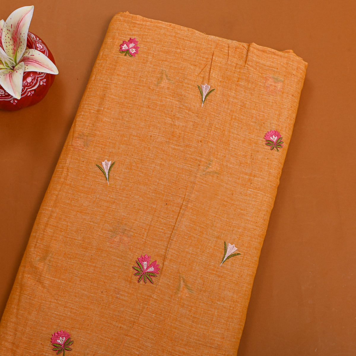 Bright Orange With Lavender Thread Work Butti Cotton Fabric
