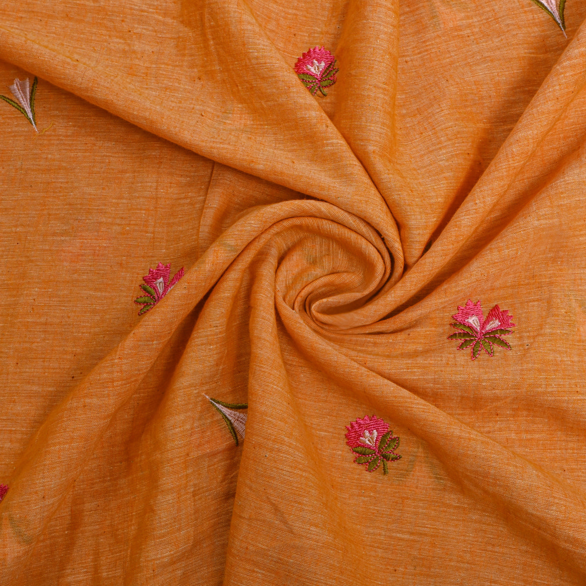 Bright Orange With Lavender Thread Work Butti Cotton Fabric