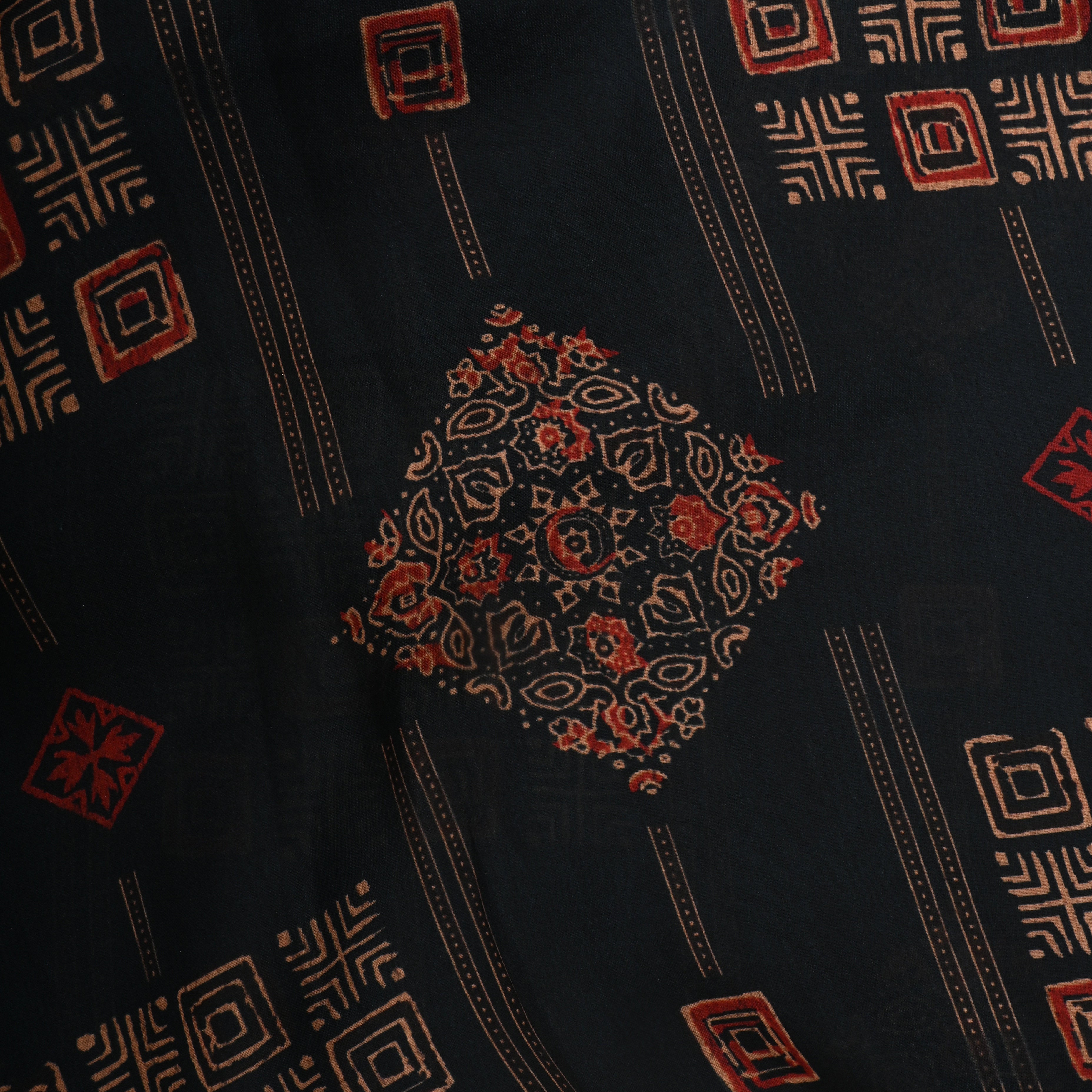 Black Silk Fabric With Geometric Design