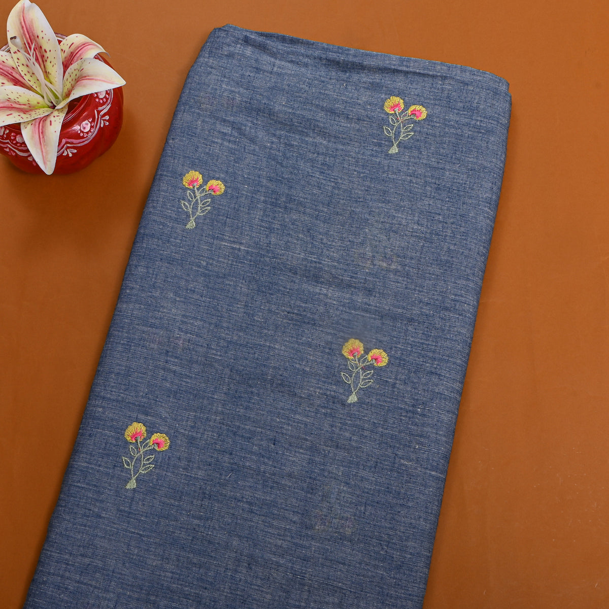 Sea Blue With Yellow Thread Work Floral Butti Cotton Fabric