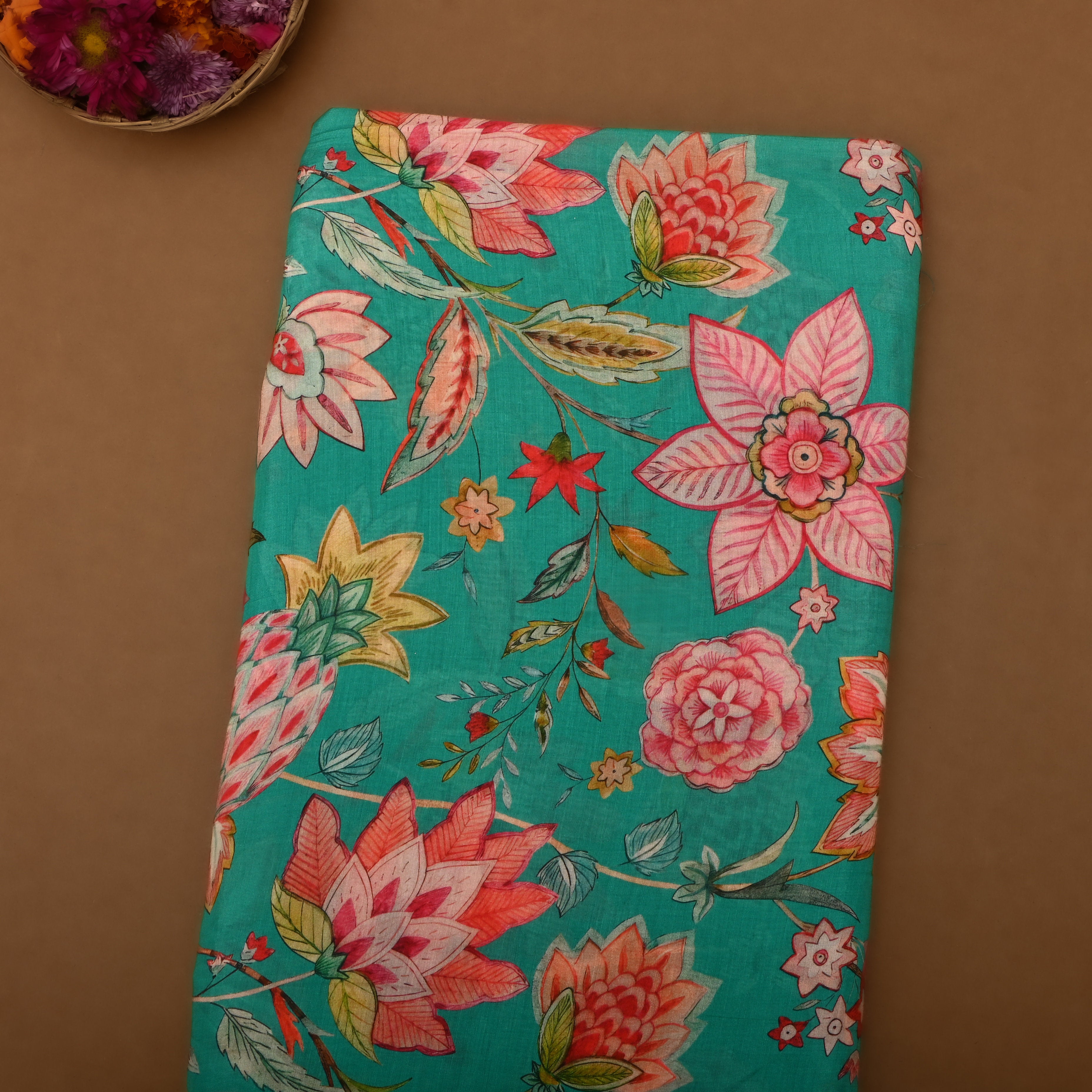 Persian Green Silk Fabric With Floral Prints