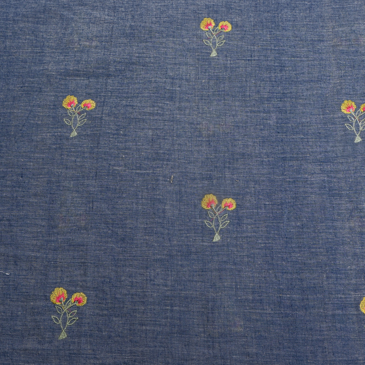Sea Blue With Yellow Thread Work Floral Butti Cotton Fabric
