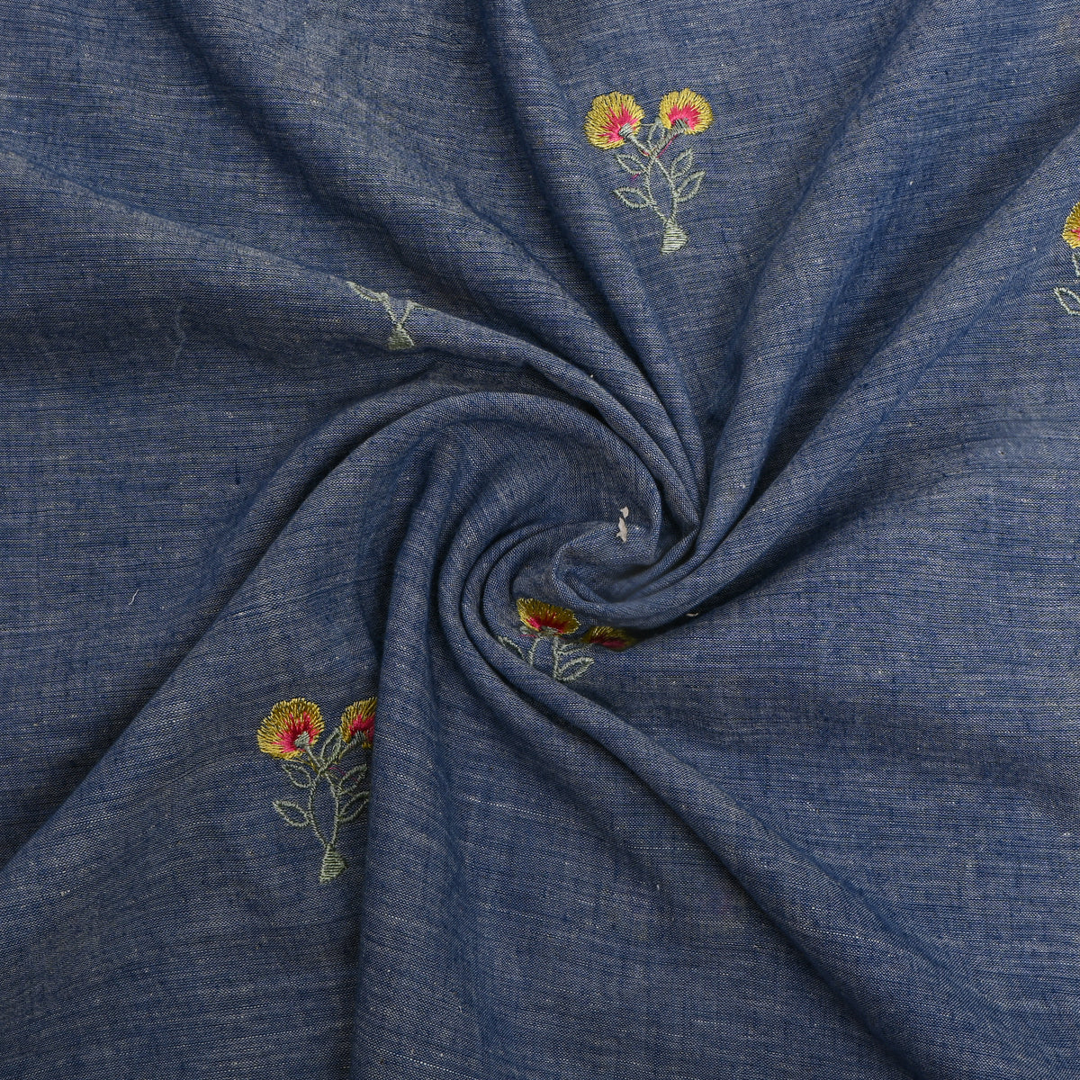 Sea Blue With Yellow Thread Work Floral Butti Cotton Fabric