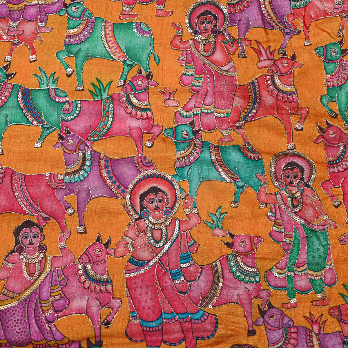 Marigold Orange Kalamkari Pen Hand Painted Sequin Dupion Silk Fabric