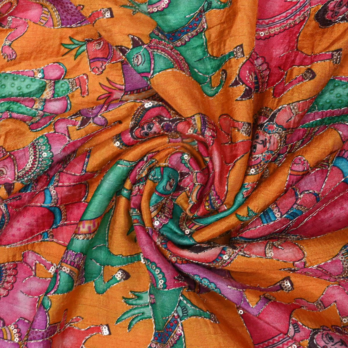 Marigold Orange Kalamkari Pen Hand Painted Sequin Dupion Silk Fabric