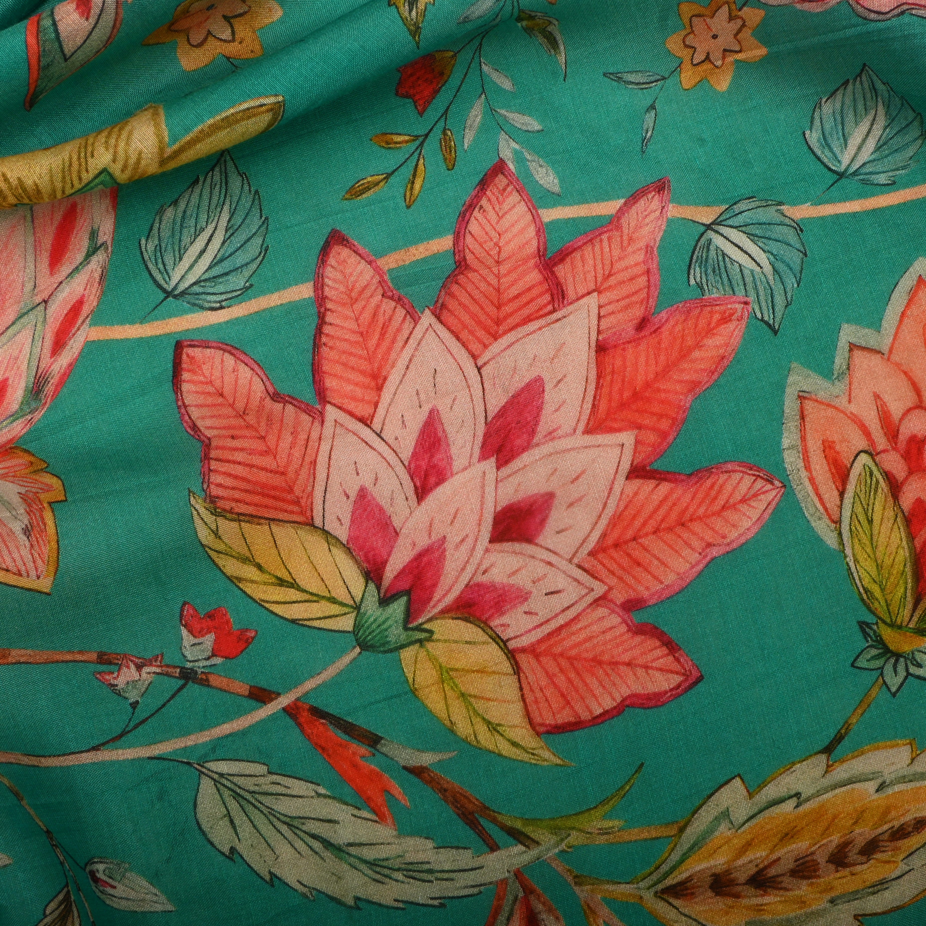 Persian Green Silk Fabric With Floral Prints