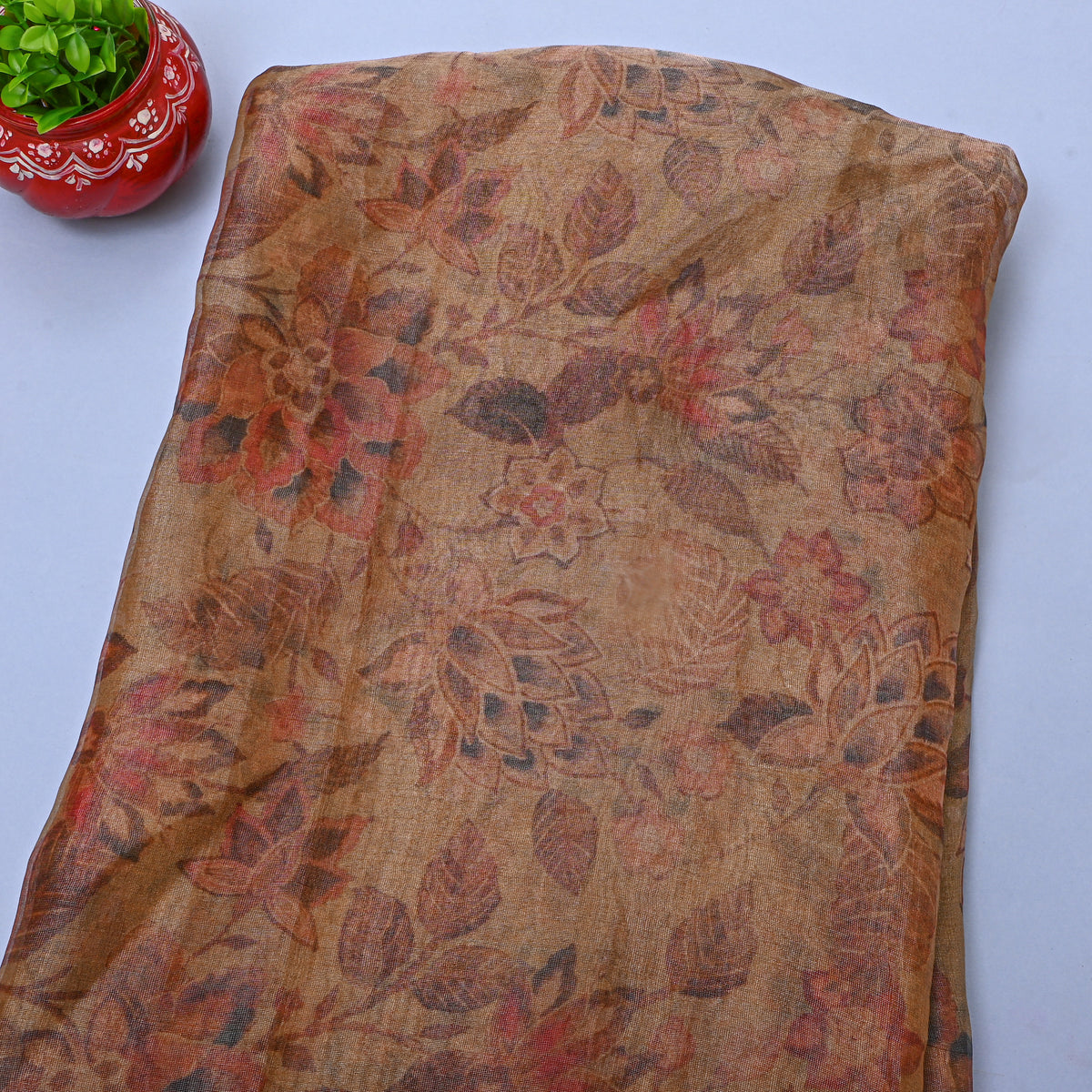 Cocoa Brown Floral Print Organza Tissue Fabric