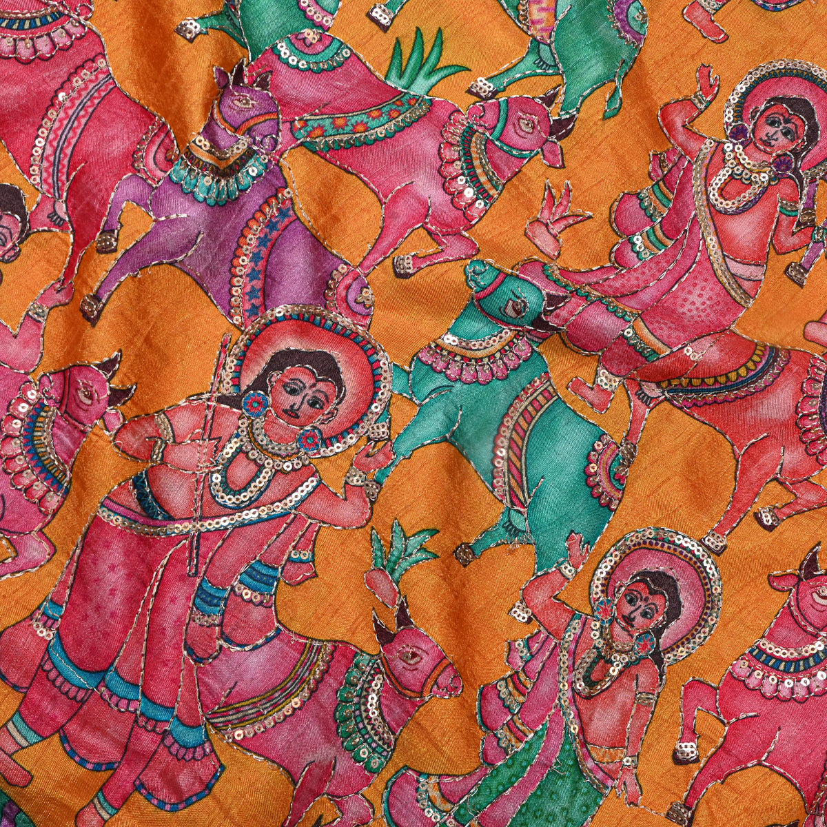 Marigold Orange Kalamkari Pen Hand Painted Sequin Dupion Silk Fabric