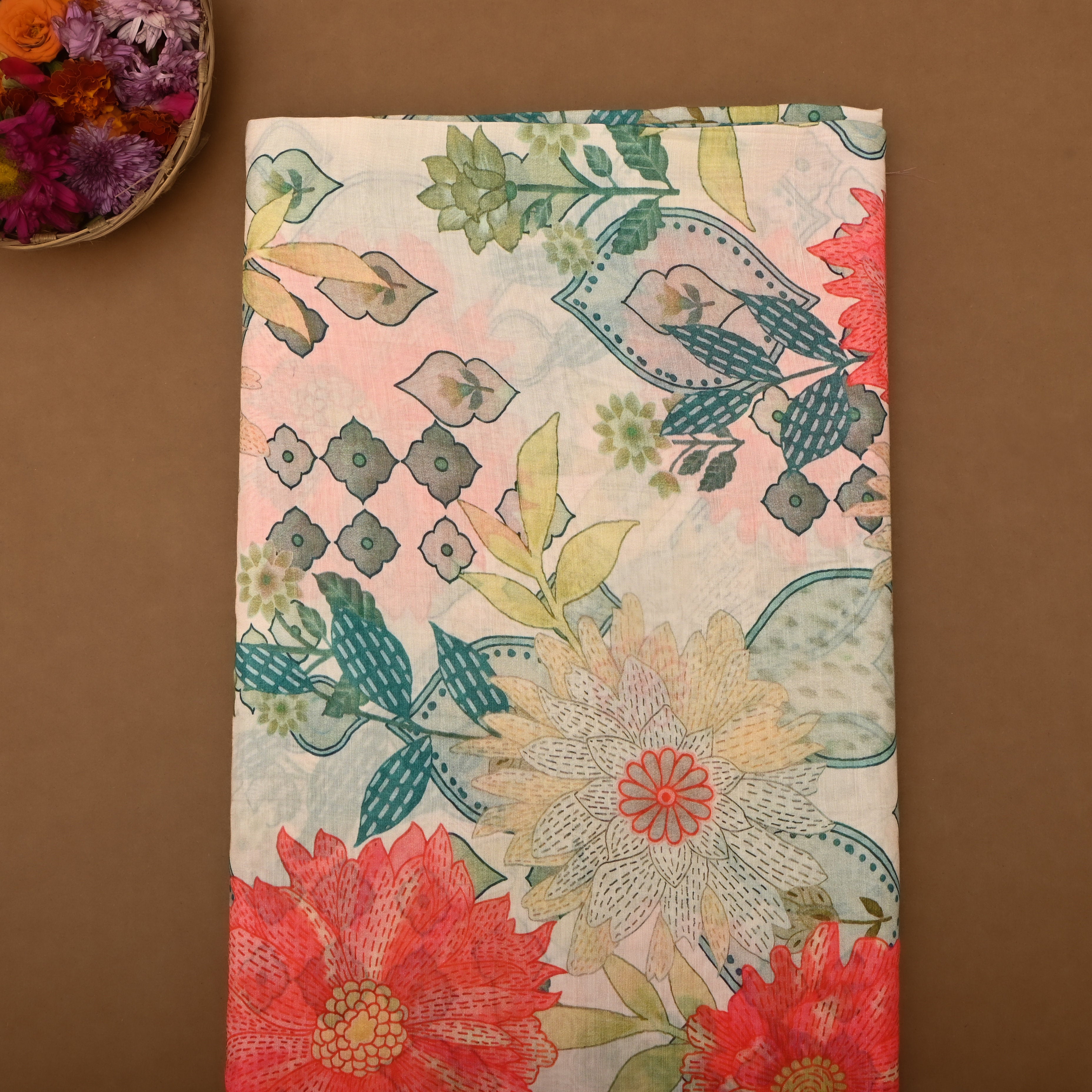 Cream Chanderi Fabric With Floral Prints