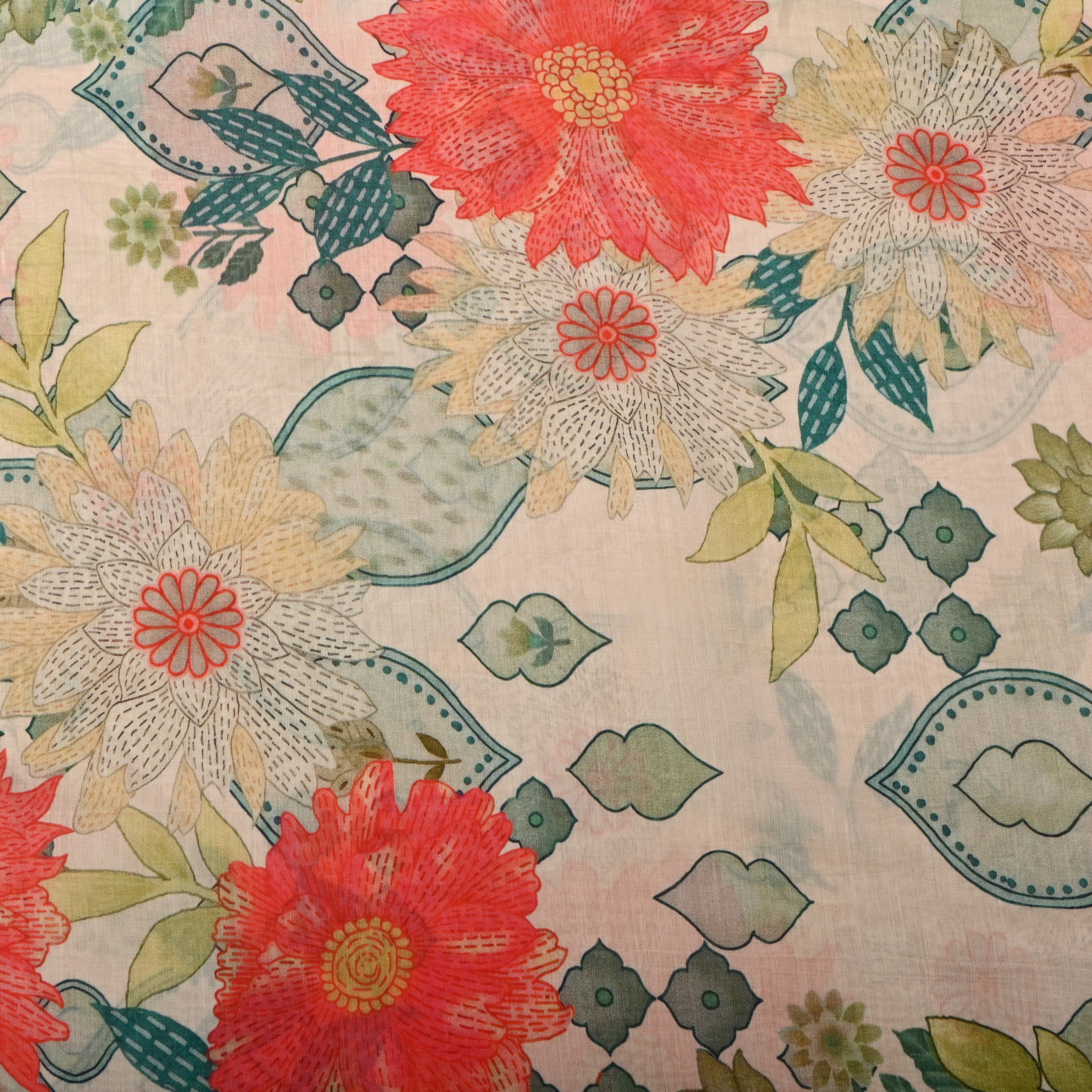 Cream Chanderi Fabric With Floral Prints