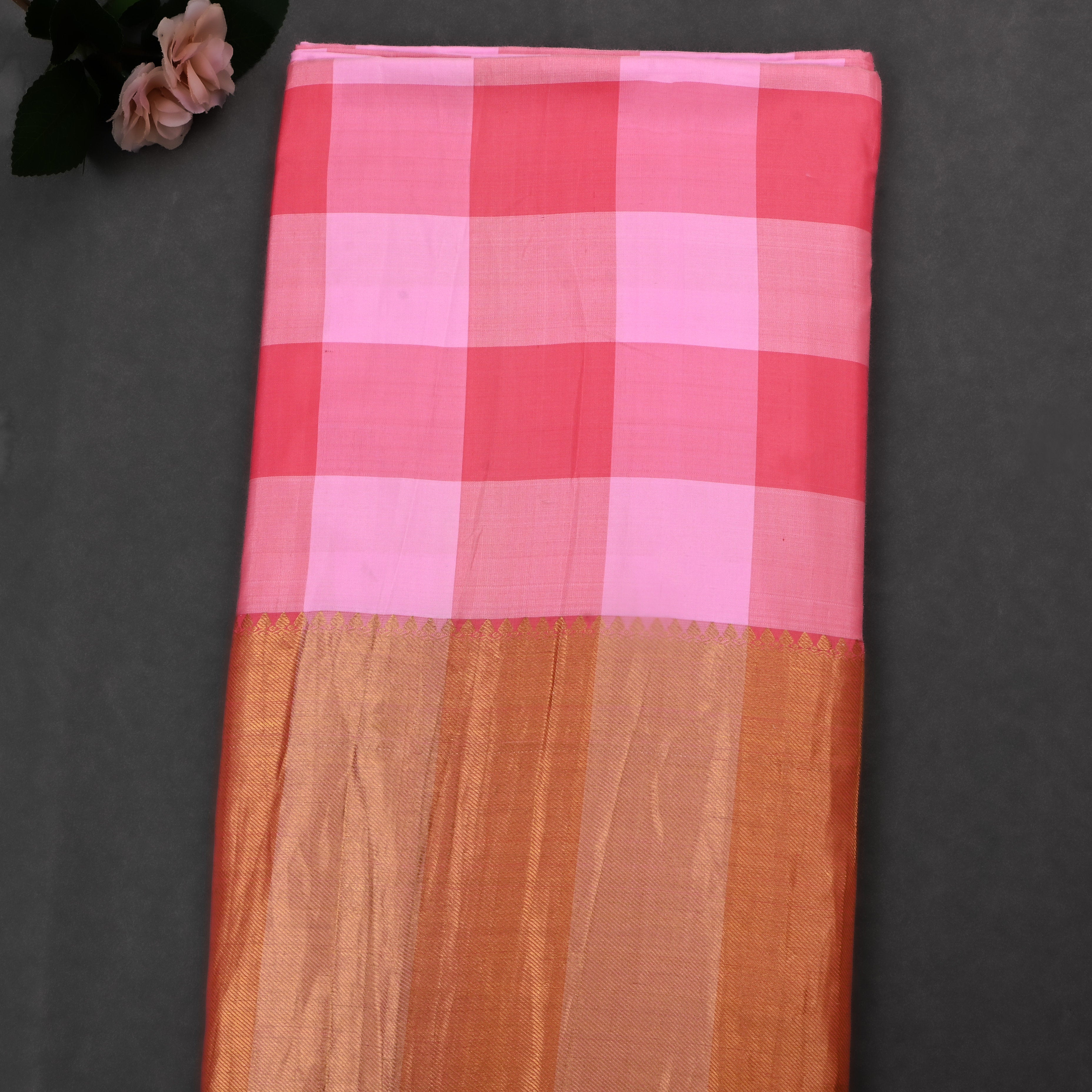 Pink Pattu Silk Fabric With Checks Pattern