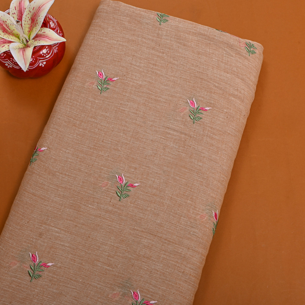 Earthy Brown With Pink Thread Work Butti Cotton Fabric