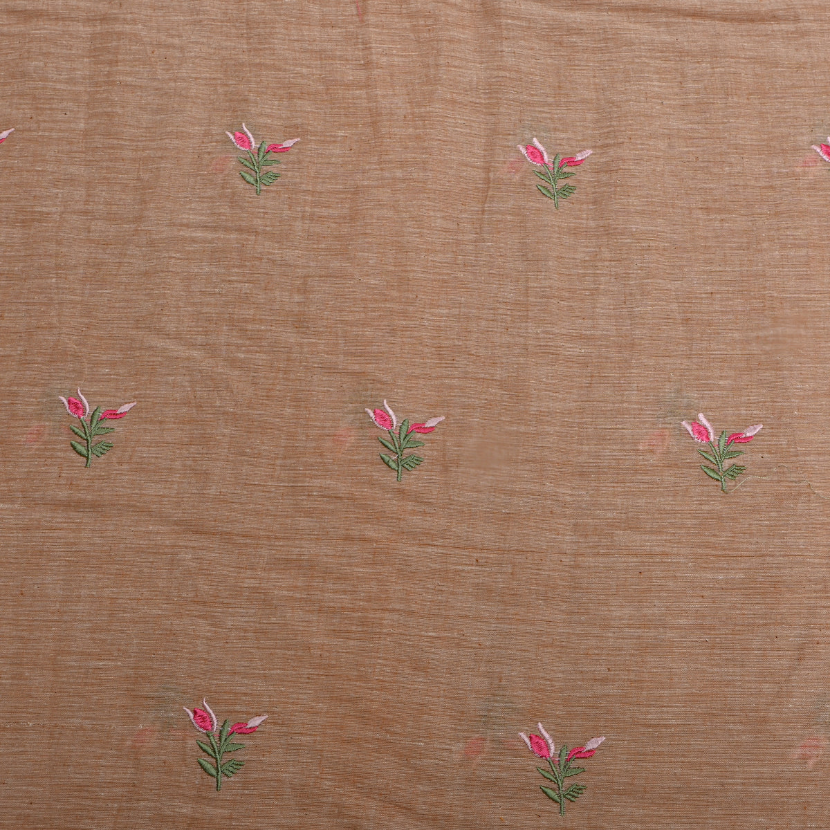 Earthy Brown With Pink Thread Work Butti Cotton Fabric