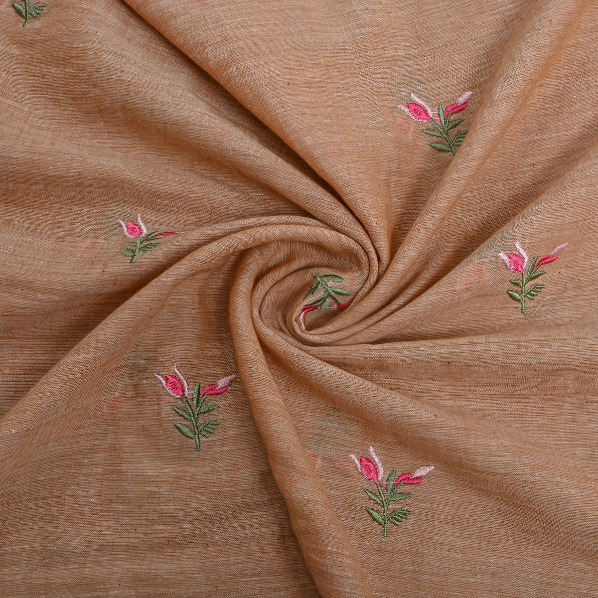 Earthy Brown With Pink Thread Work Butti Cotton Fabric