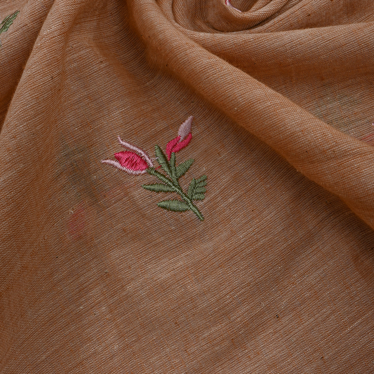 Earthy Brown With Pink Thread Work Butti Cotton Fabric