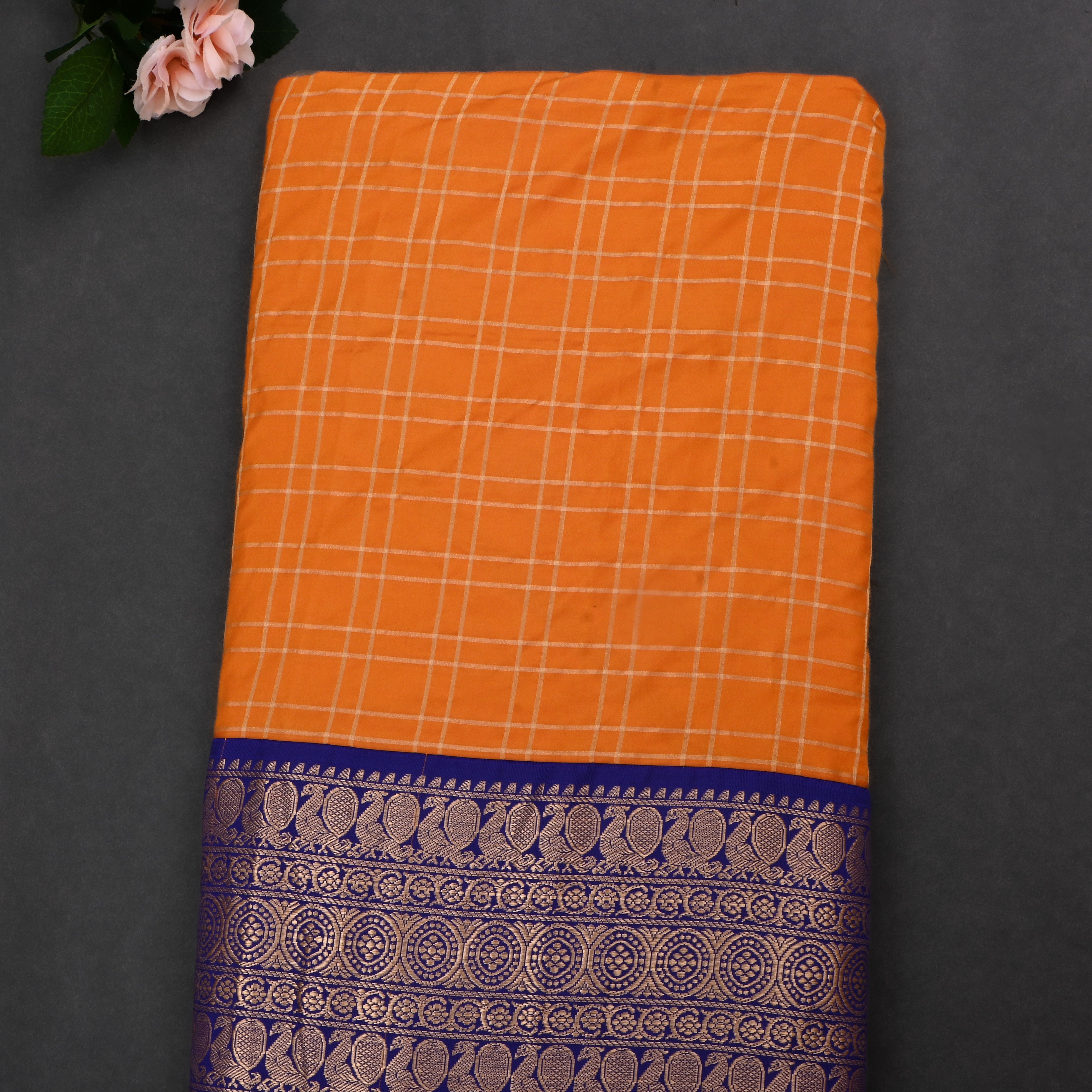 Orange Jamawar Silk Fabric With Contrast Border