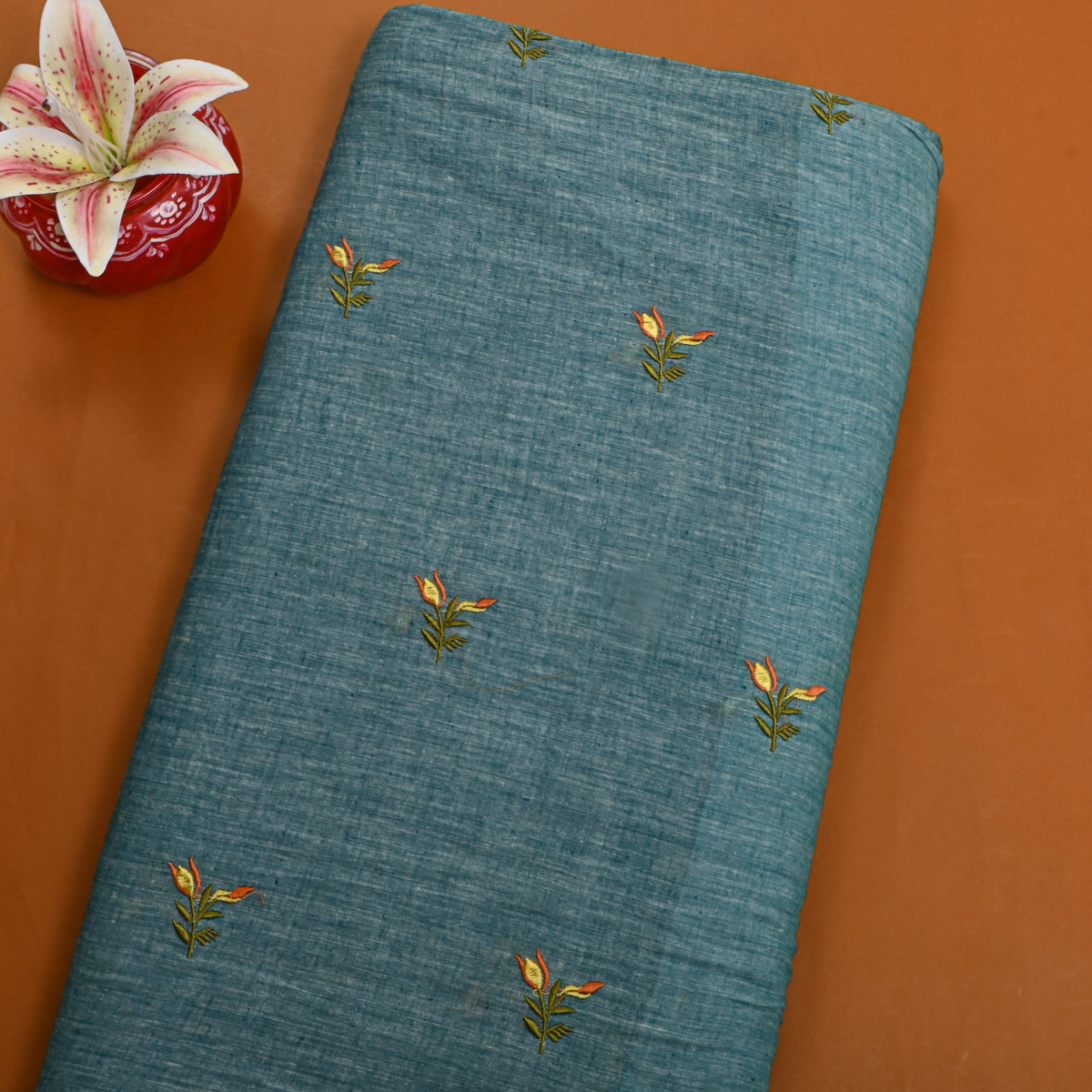 Bright Blue With Rust Thread Work Butti Cotton Fabric