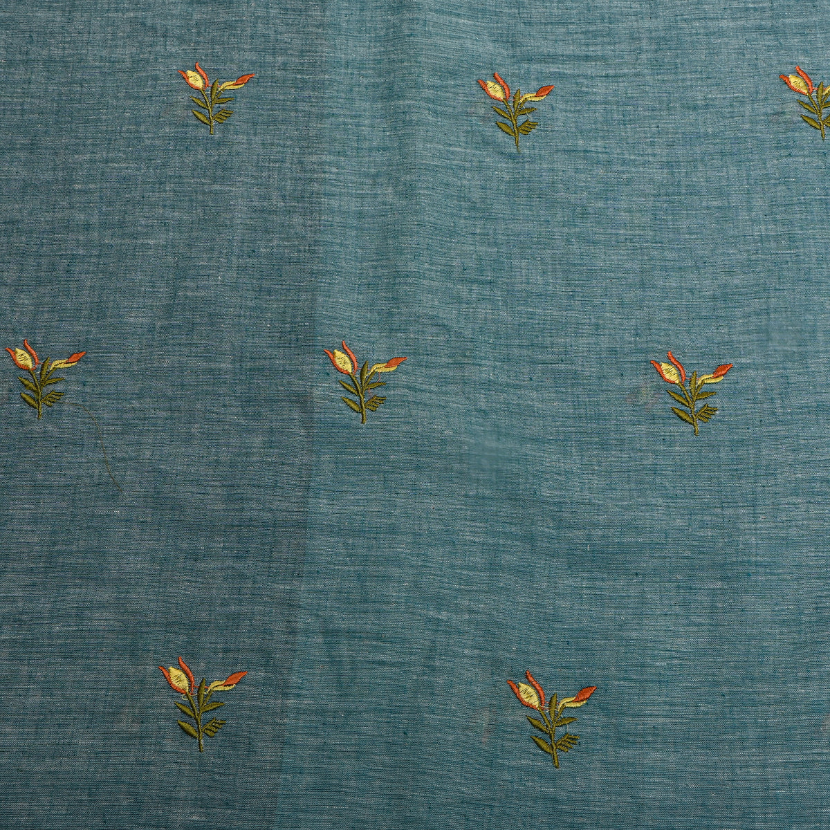 Bright Blue With Rust Thread Work Butti Cotton Fabric