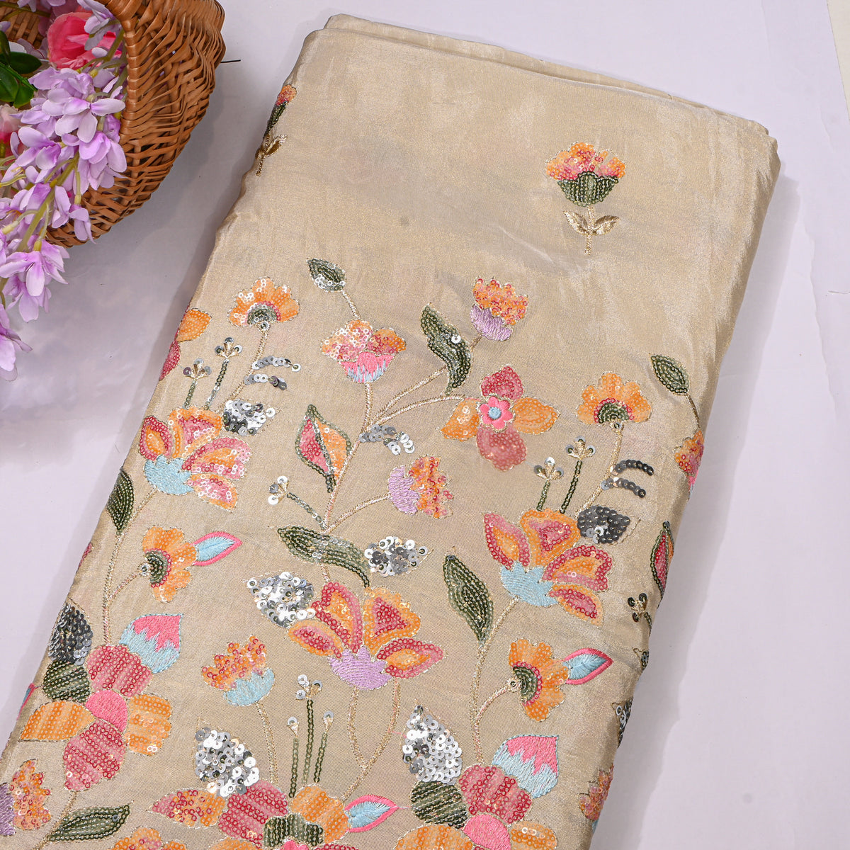 Pearl White Floral Bead Work Embroidery Tissue Fabric