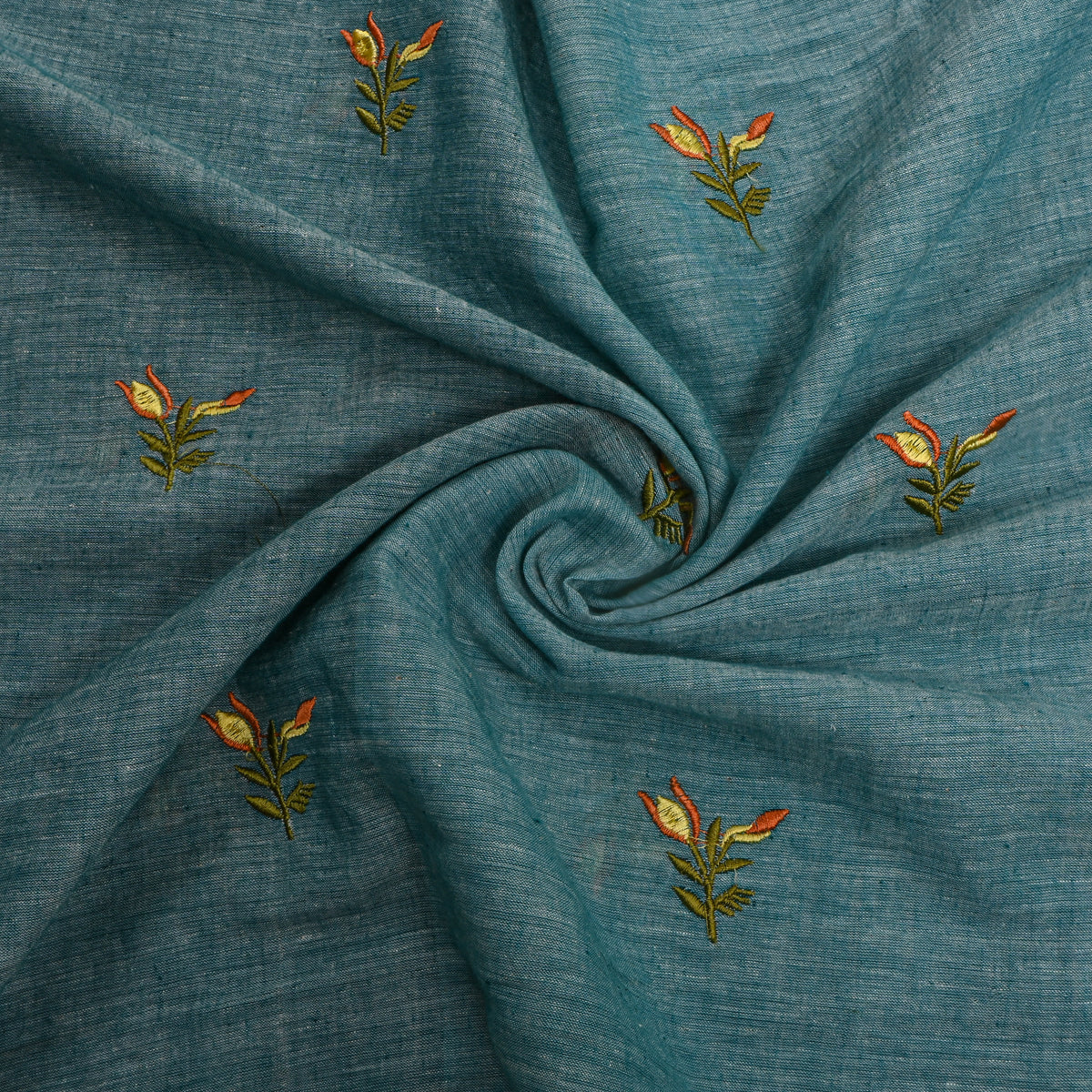 Bright Blue With Rust Thread Work Butti Cotton Fabric