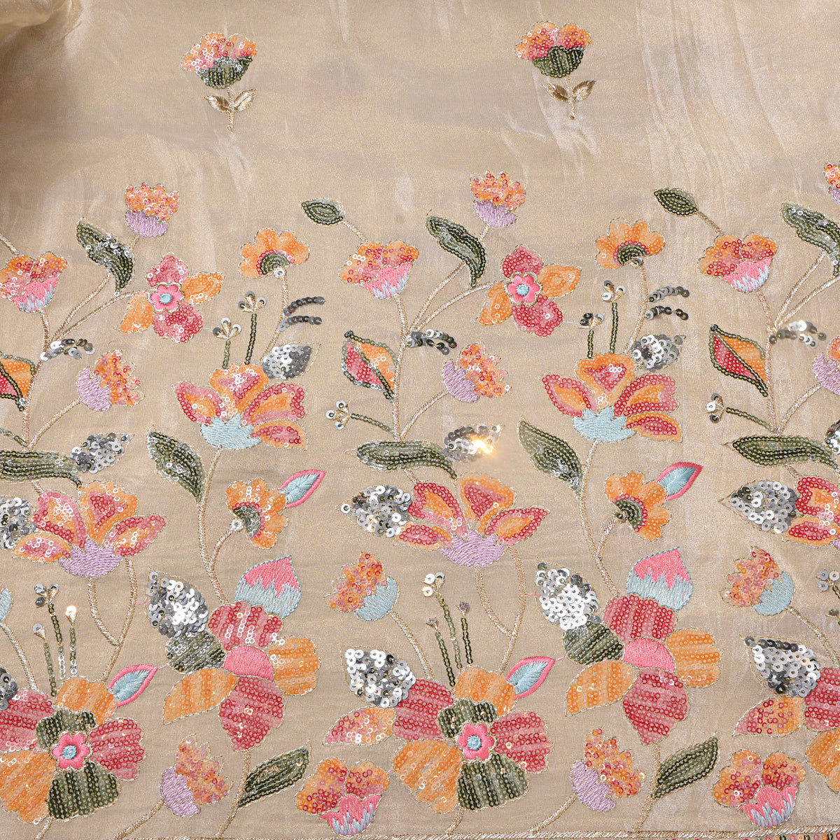 Pearl White Floral Bead Work Embroidery Tissue Fabric