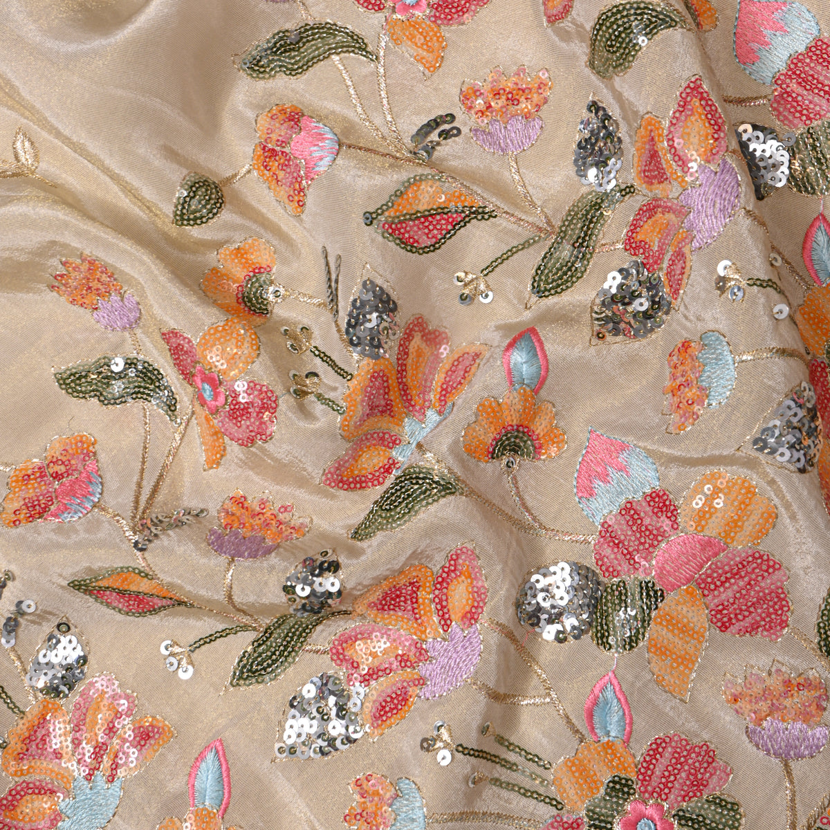 Pearl White Floral Bead Work Embroidery Tissue Fabric