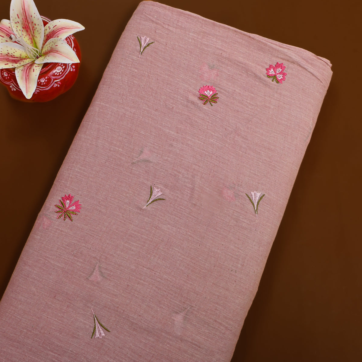 Dusty Pink With Ivory Thread Work Butti Cotton Fabric