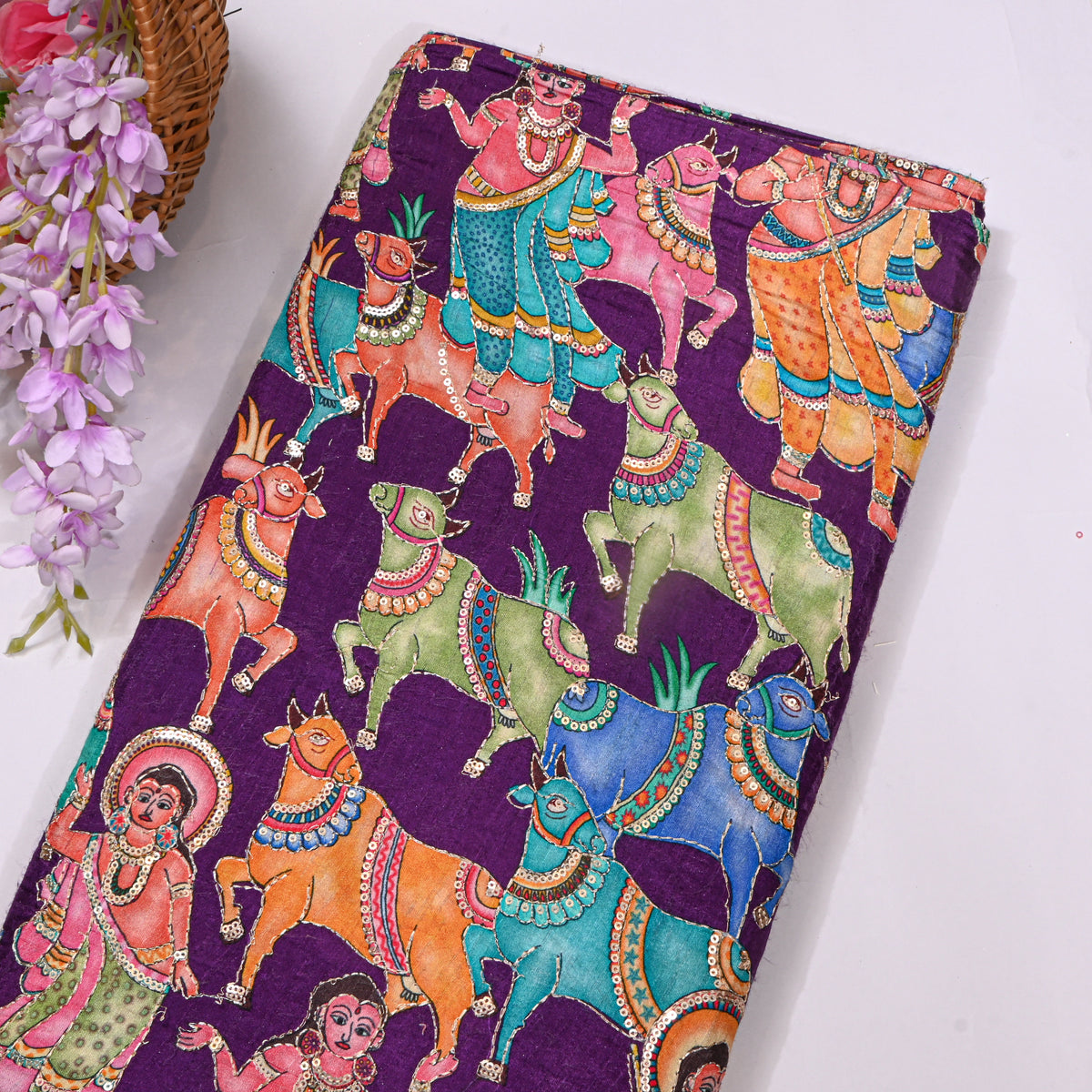 Plum Purple Kalamkari Pen Hand Painted Sequin Dupion Silk Fabric