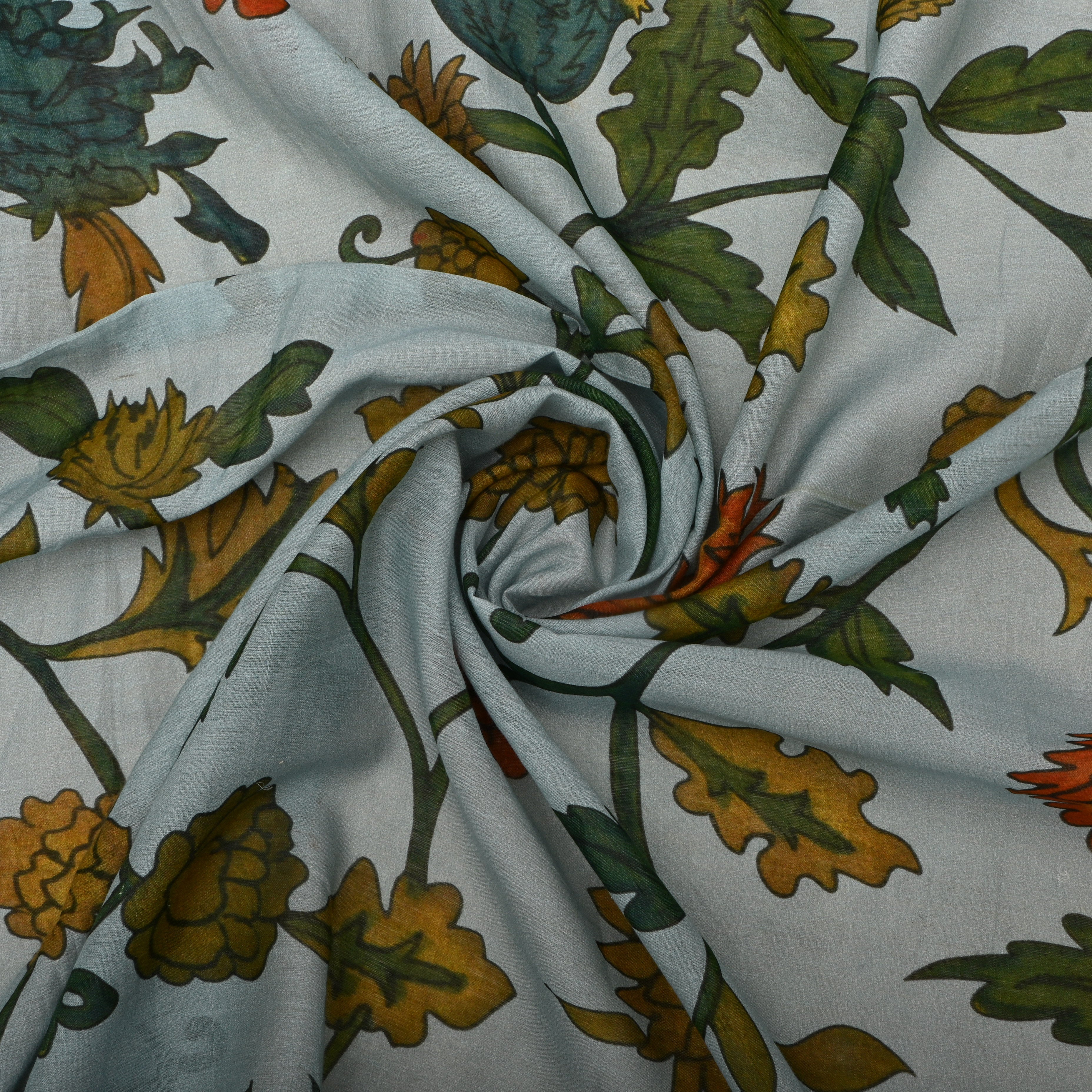 Pastel Blue Tussar Fabric With Kalamkari Floral Patterns