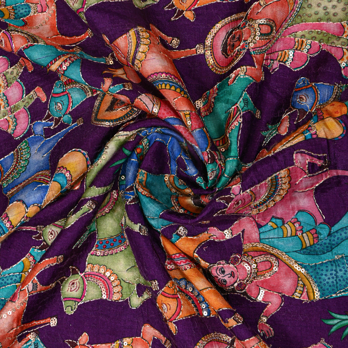 Plum Purple Kalamkari Pen Hand Painted Sequin Dupion Silk Fabric
