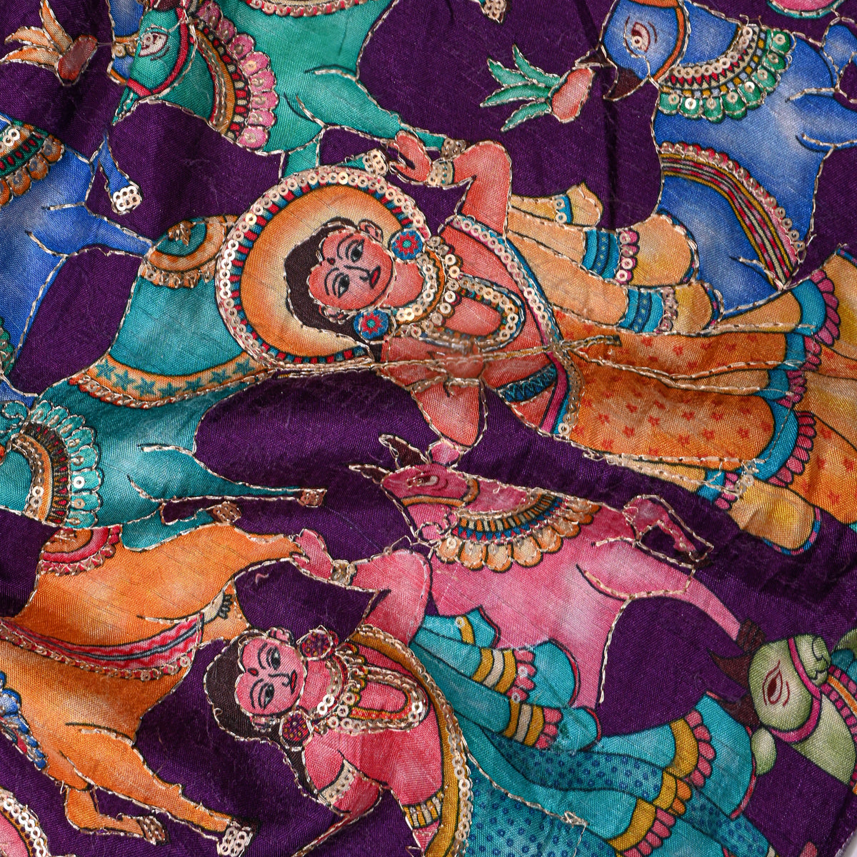 Plum Purple Kalamkari Pen Hand Painted Sequin Dupion Silk Fabric