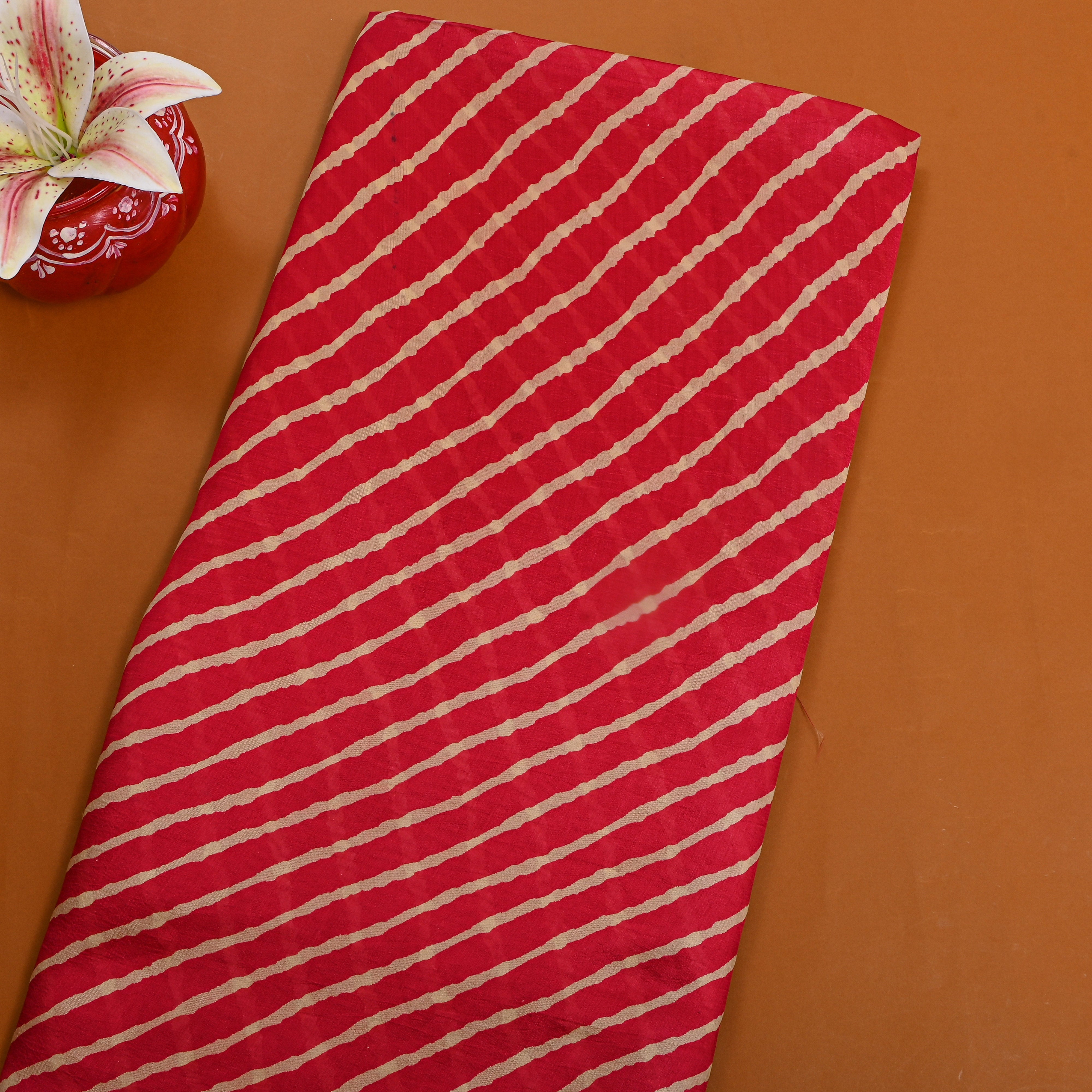 Red Beige Diagonal Leheriya Silk Fabric
