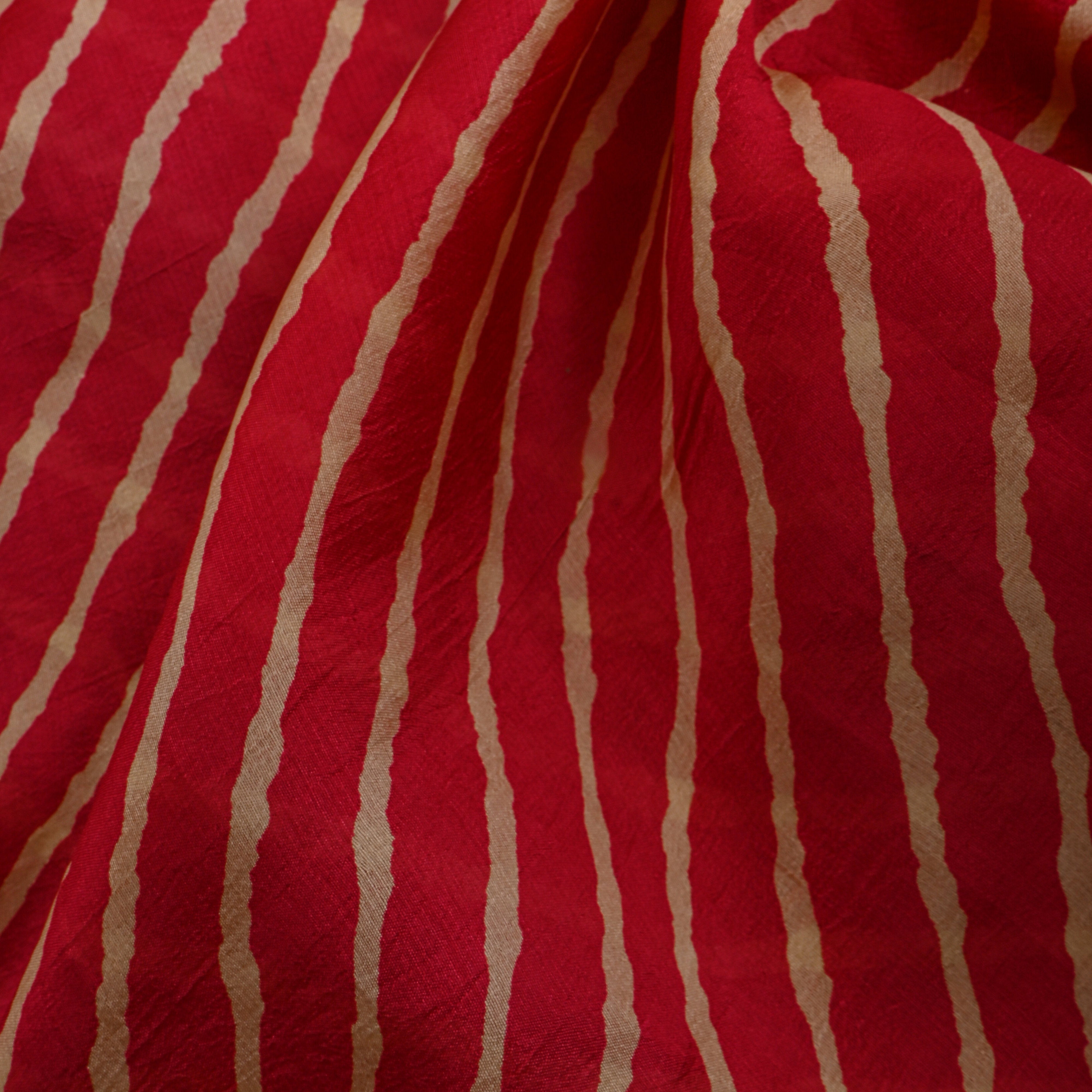 Red Beige Diagonal Leheriya Silk Fabric