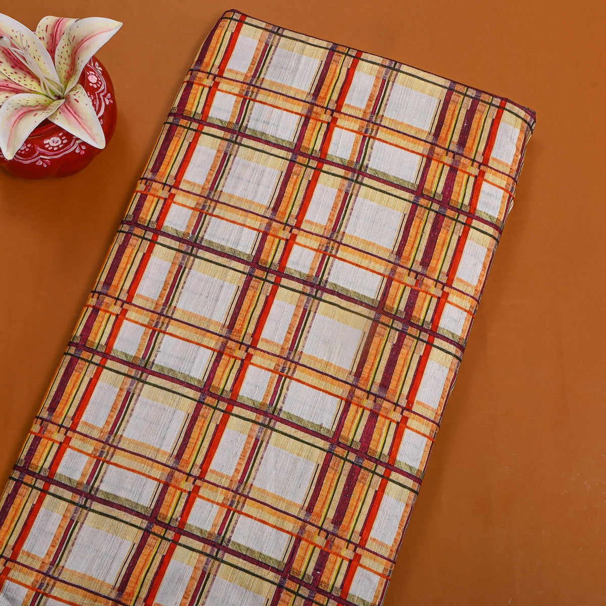 Multicolour Check Printed Raw Silk Fabric