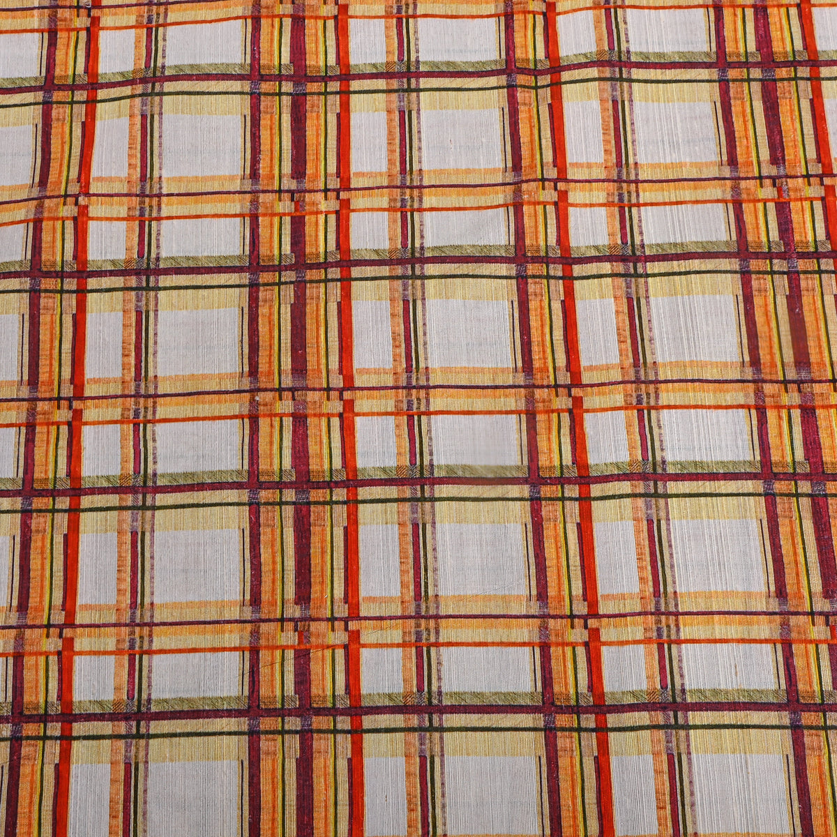 Multicolour Check Printed Raw Silk Fabric